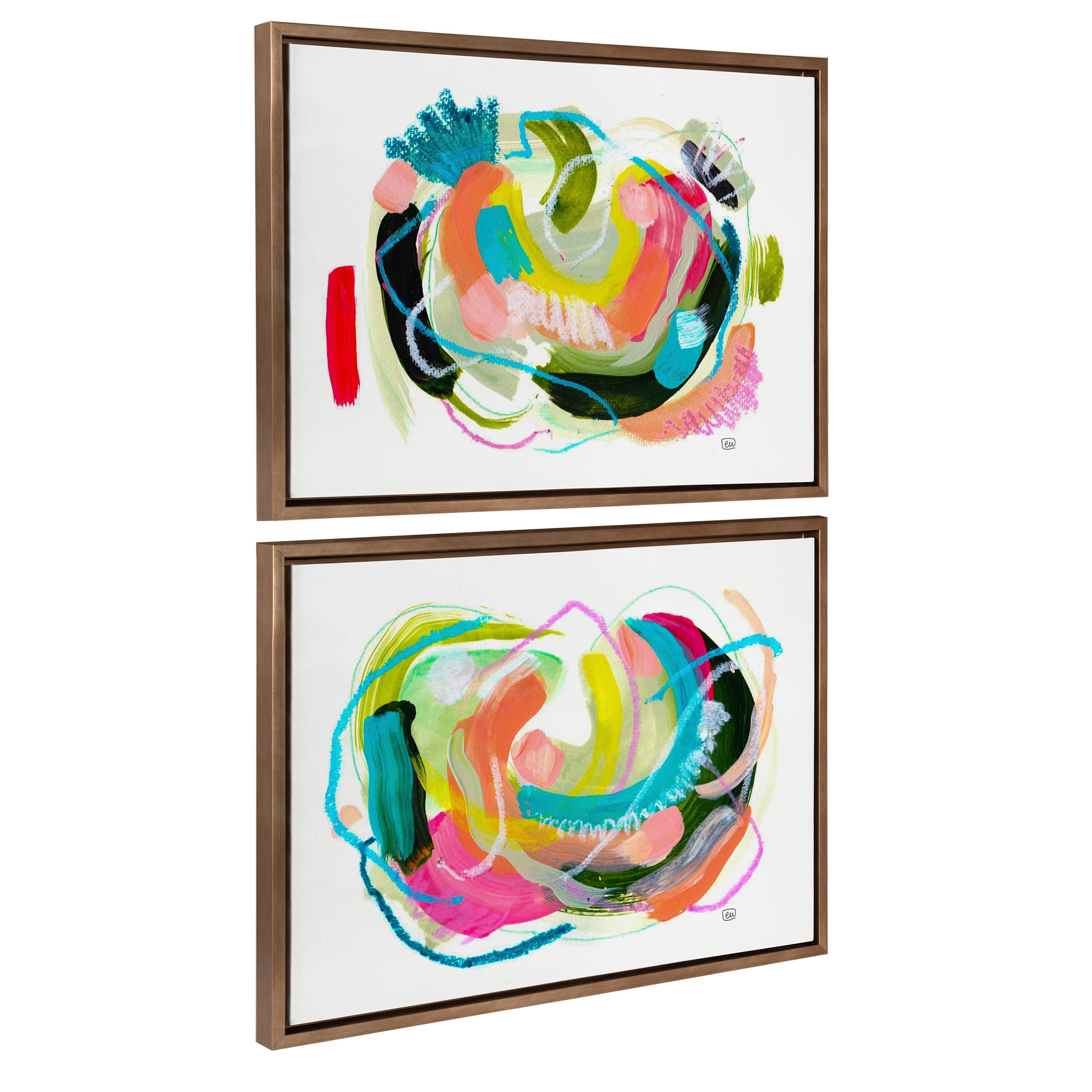 Sylvie Joy No 1 and 2 Framed Canvas Art Set by Erika Wynn showing abstract wall art in gold and natural frames
