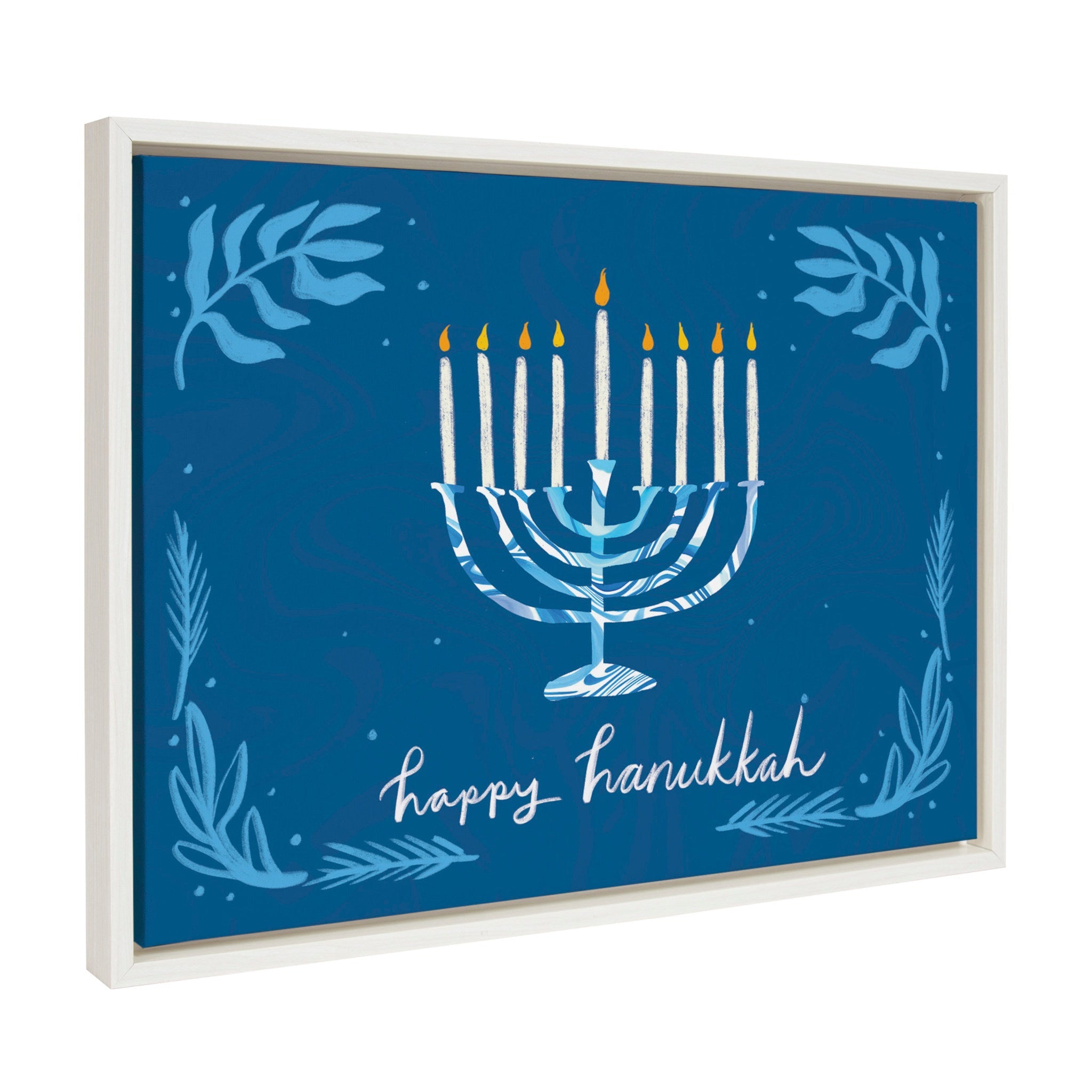 Sylvie Happy Hanukkah framed canvas art by Jessi Raulet of Ettavee, showing white frame and Hanukkah design