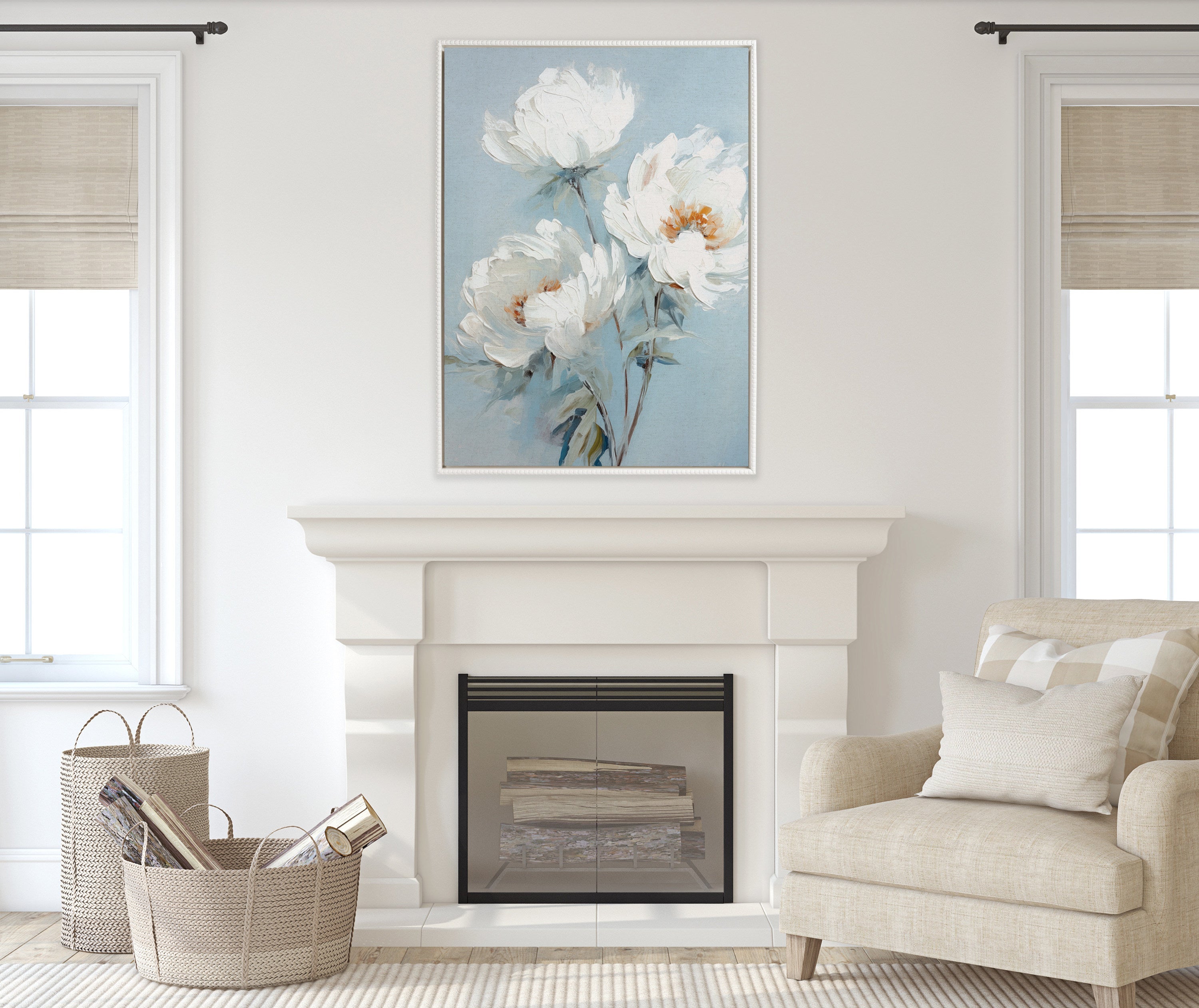 Sylvie Beaded White Peonies on Ocean Blue Framed Canvas by The Creative Bunch Studio