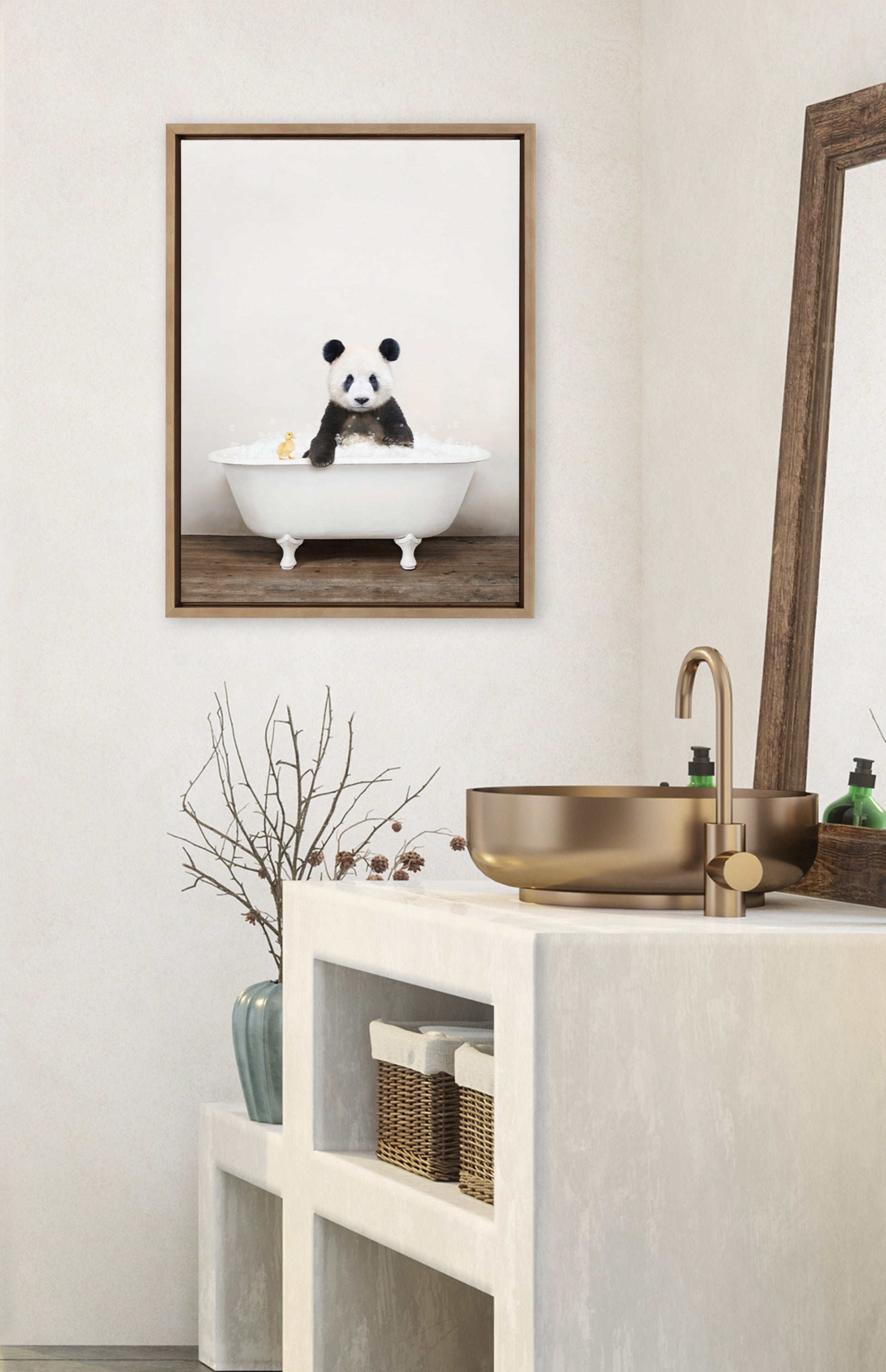 Sylvie Panda Waving in Rustic Bath Framed Canvas by kateandlaurel - product image 16 for Resin Society