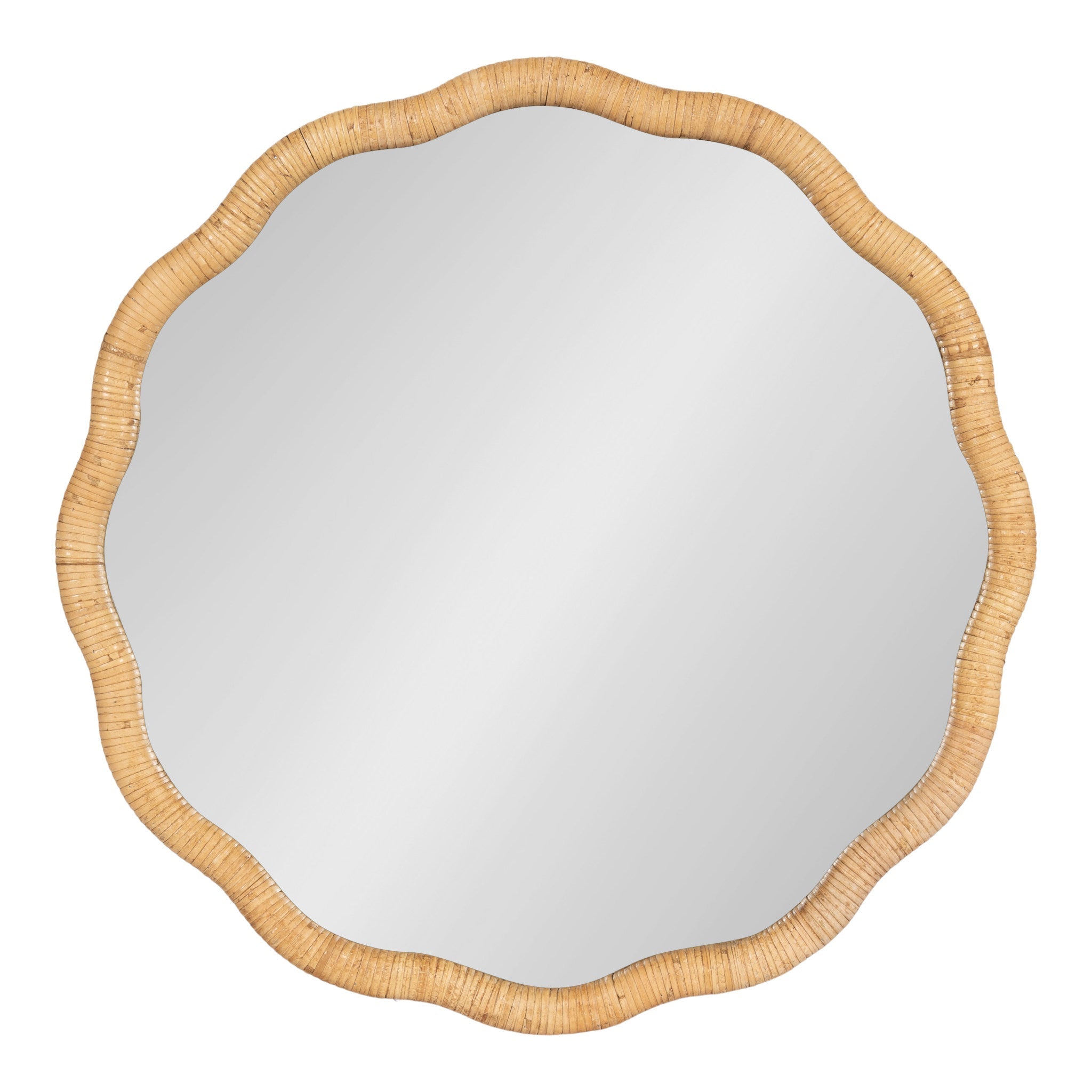 Rahfy Scallop Framed Wall Mirror with natural rattan scalloped frame hanging on a white wall