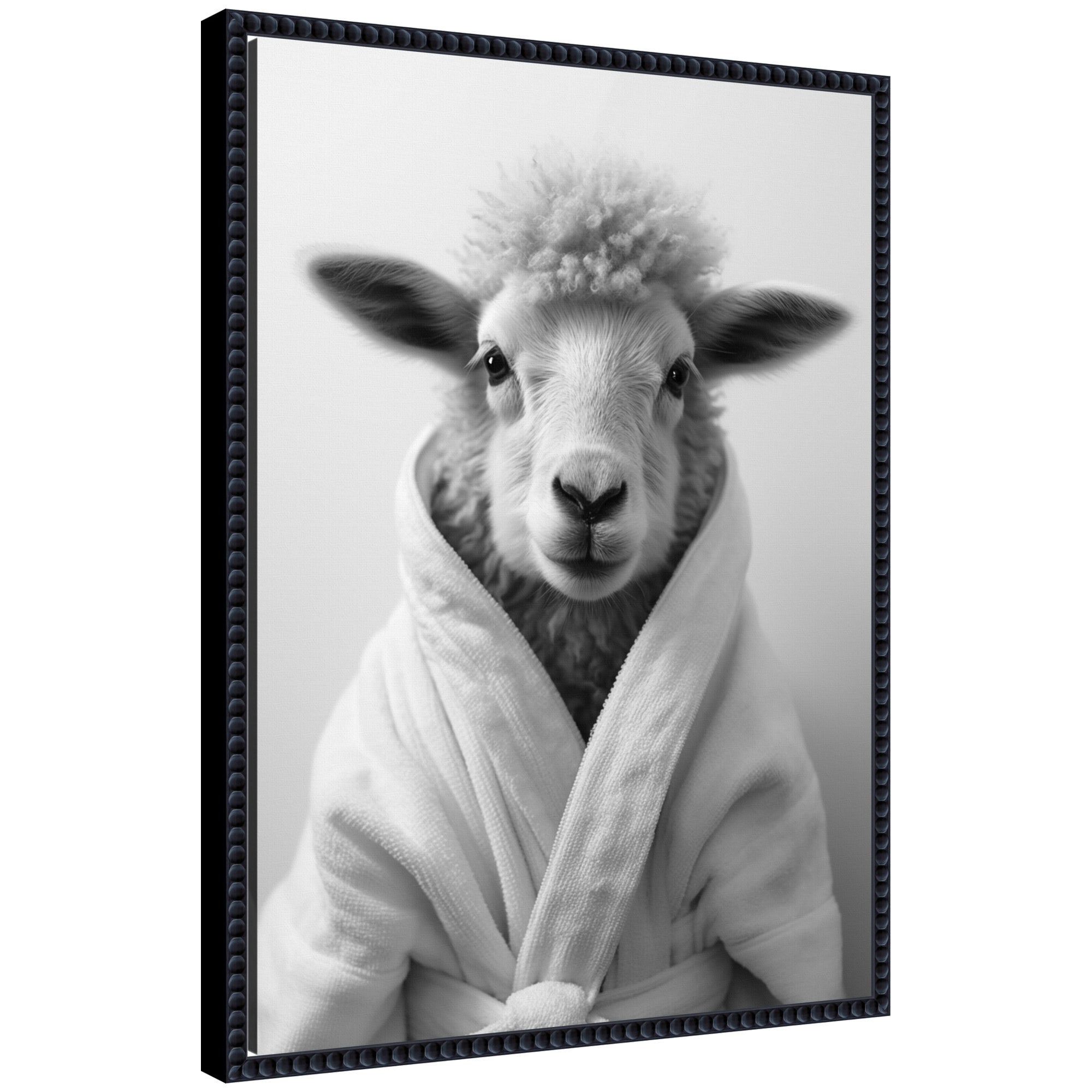 Sylvie Sheep Bathroom Art Towel Robe black and white framed canvas with sheep illustration