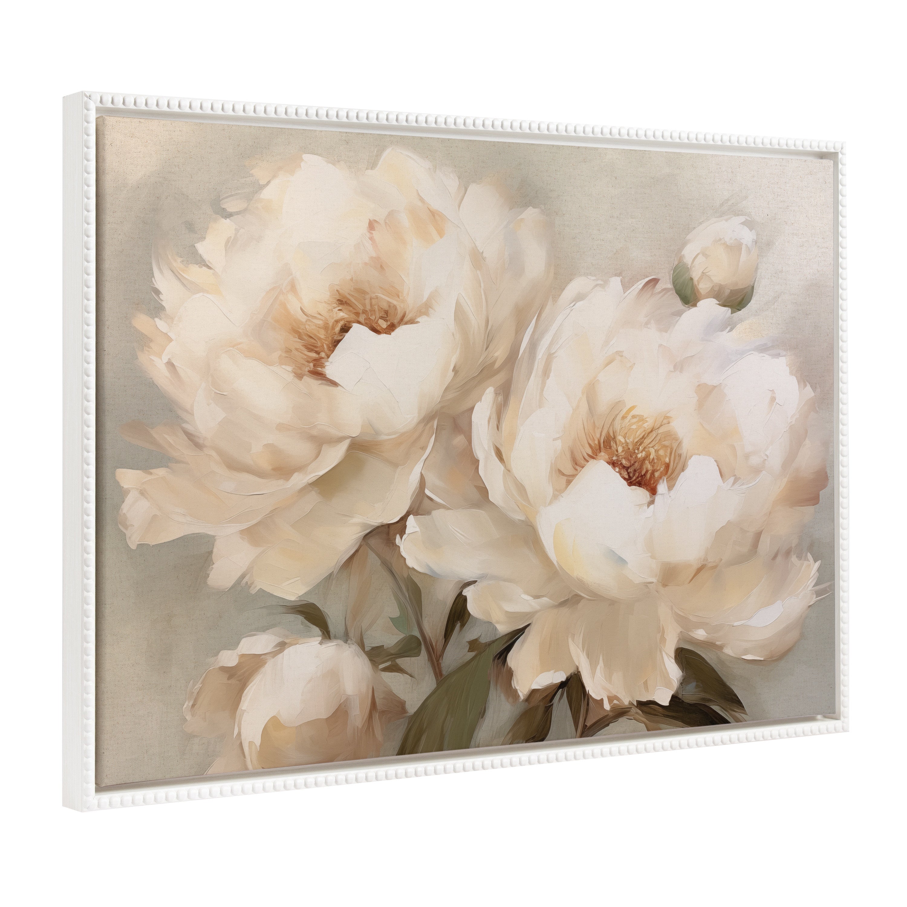 Sylvie Beaded Painterly Peonies framed canvas art by The Creative Bunch Studio with painterly peony flowers on canvas and vintage beaded frame