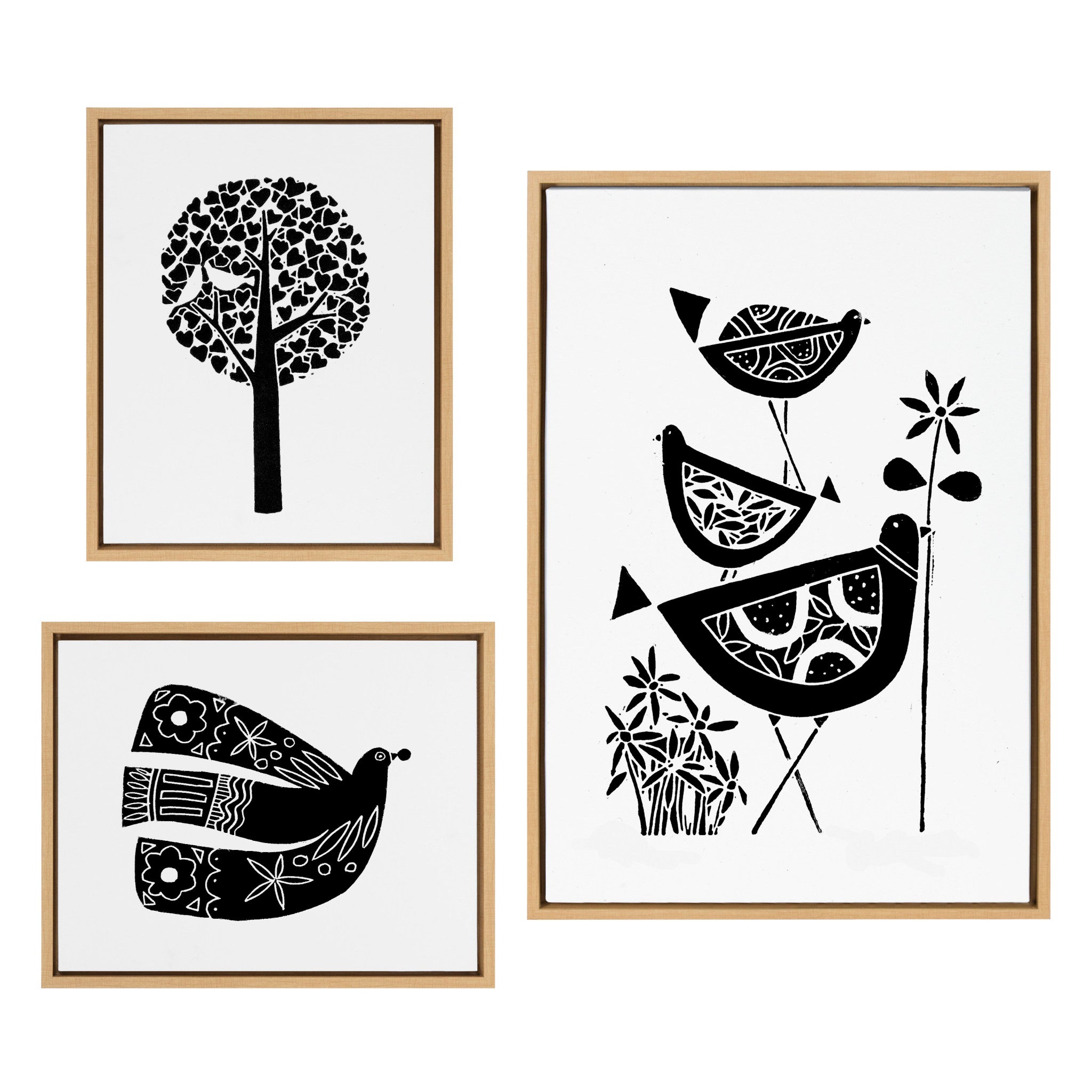 Sylvie Trio Linocut, Love Tree Linocut and Over the Cloud Linocut framed canvas artwork set by Giuliana Lazzerini