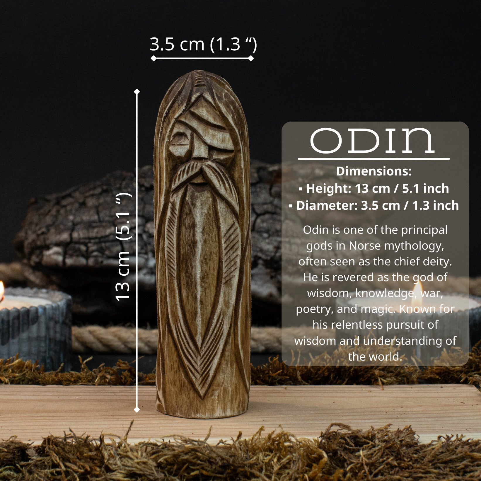 Hand-carved wooden Odin figurine 13 cm tall, Norse god statue with detailed craftsmanship