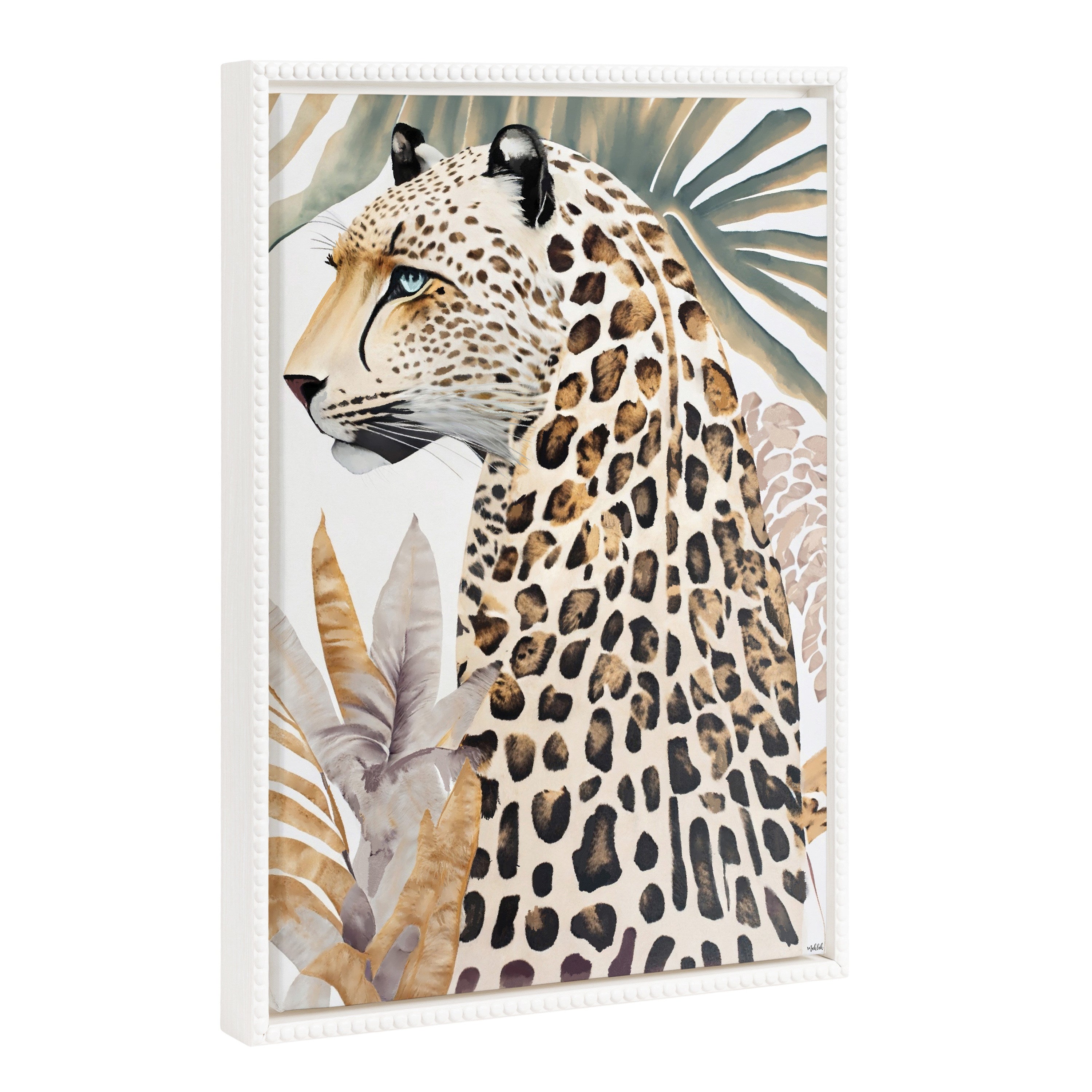 Framed canvas wall art of a fern and cheetah design with a gold beaded vintage frame hung on a green wall