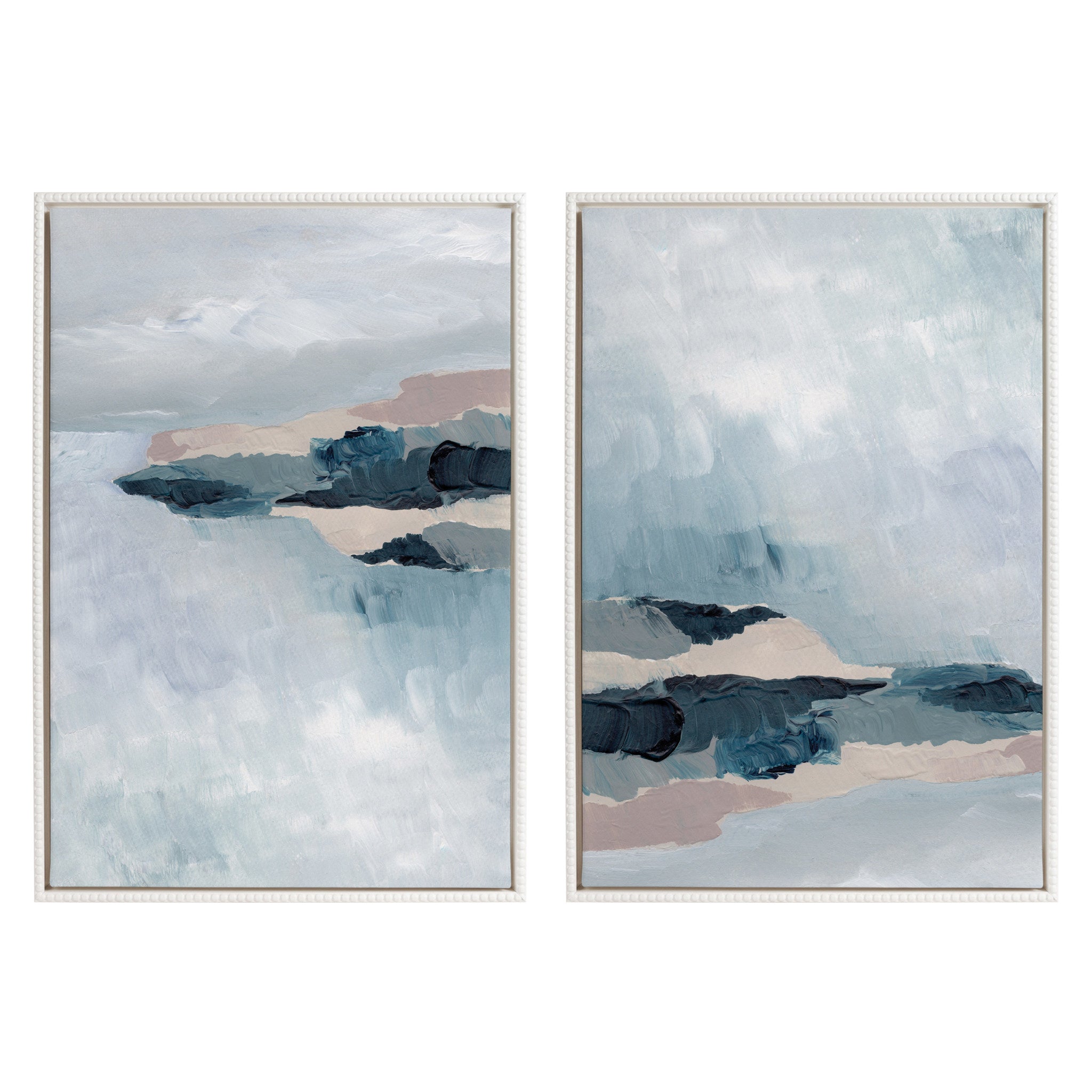 Sylvie Beaded Coast 2 v1 and Coast 2 v2 framed canvas art set by Nikita Jariwala showing two coastal-themed prints with vintage beaded white frames