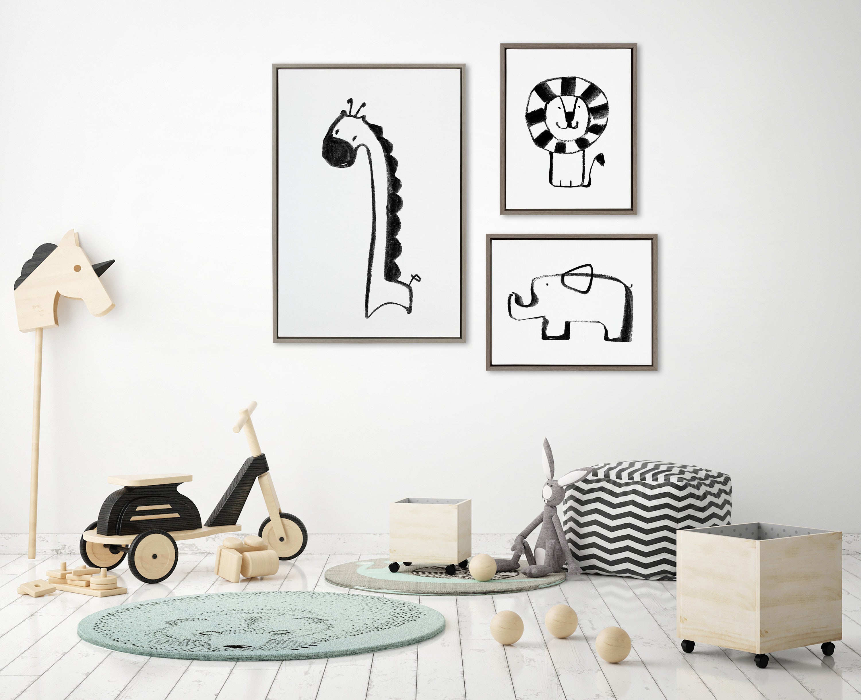 Sylvie 390 Giraffe BW, 409 Lion BW and 400 Elephant BW Framed Canvas Art Set by Teju Reval