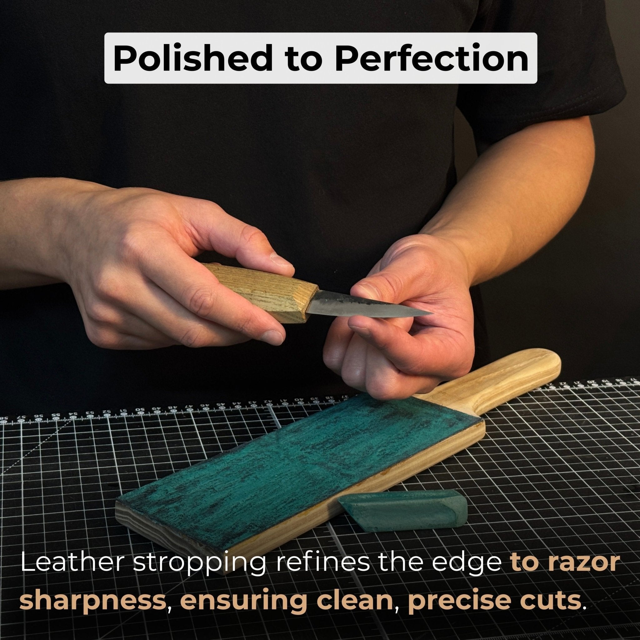 One-sided leather strop with oak base and green polishing compound for knife sharpening