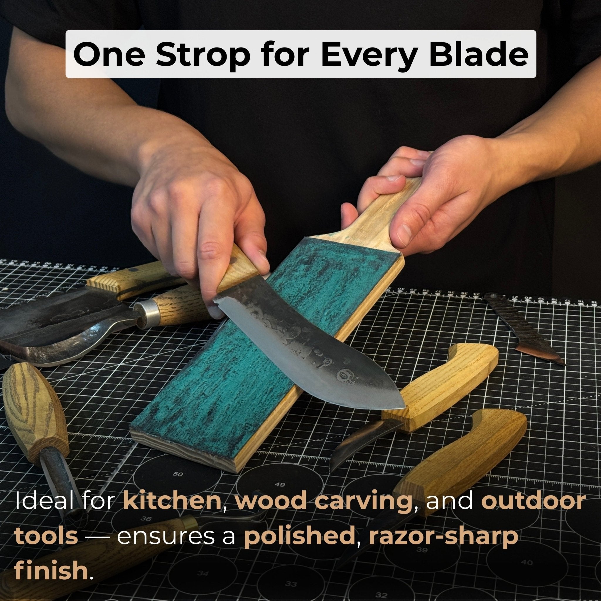 One-sided leather strop with oak base and green polishing compound for knife sharpening