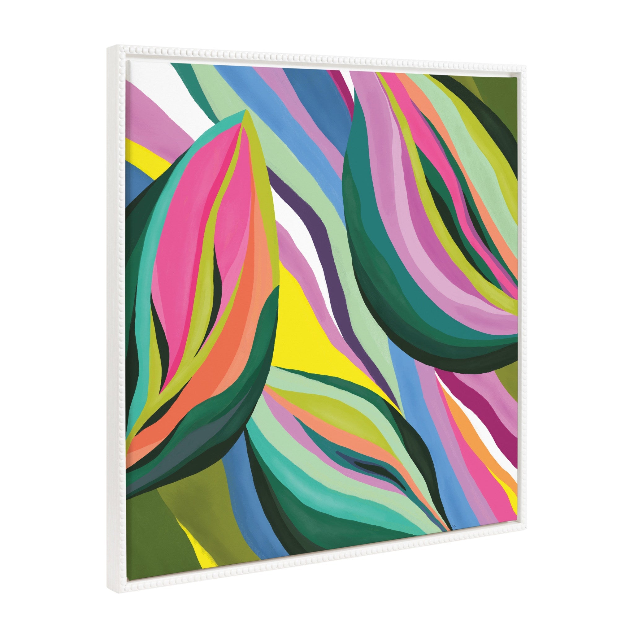 Sylvie Beaded Abstract Colorful Leaves Framed Canvas showing vibrant multicolored leaves on a white background within a vintage beaded frame.