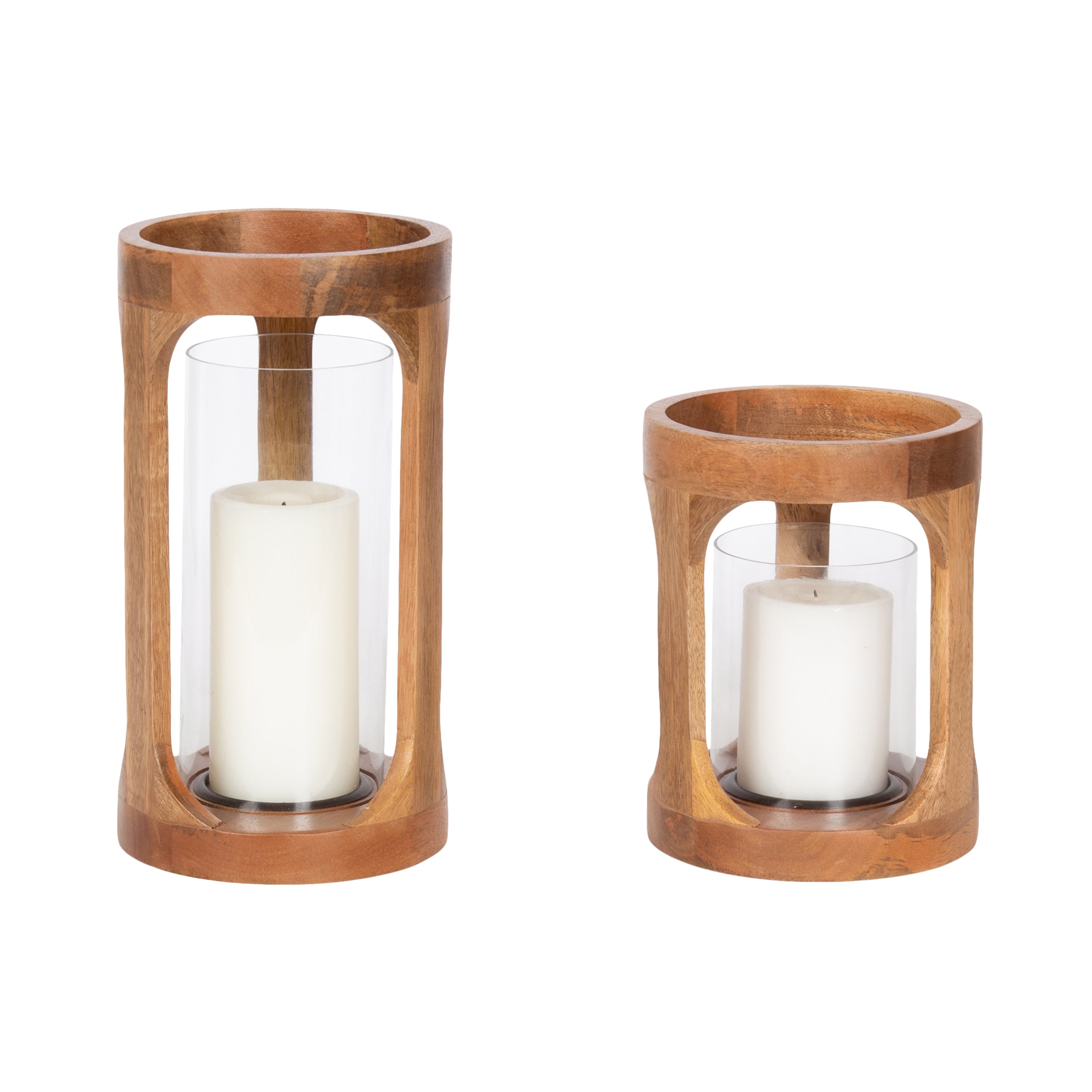 Dahl Candle Holder Set featuring two natural wood candle holders with glass cylinders and curved negative space design displayed on a wood surface.