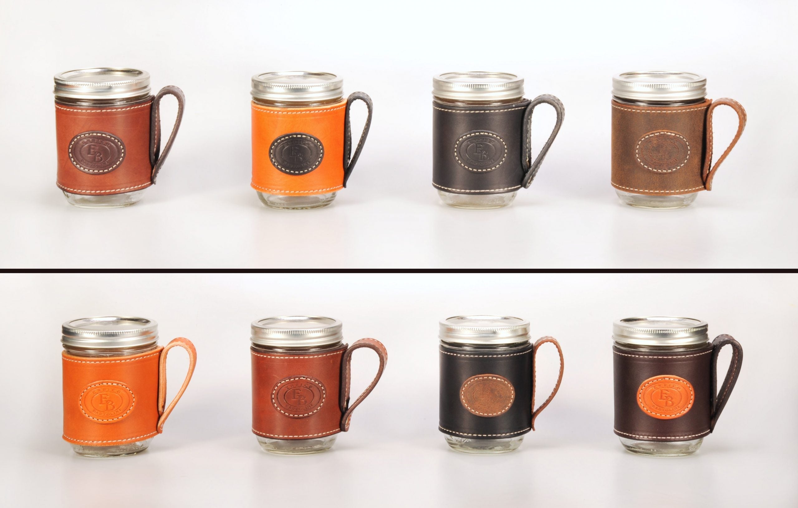 Enrico Bartolini Leather Mason Jars in various leather colors and logo combinations