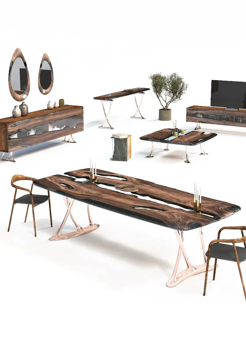 Custom epoxy resin dining room table with walnut wood and rose gold aluminum legs