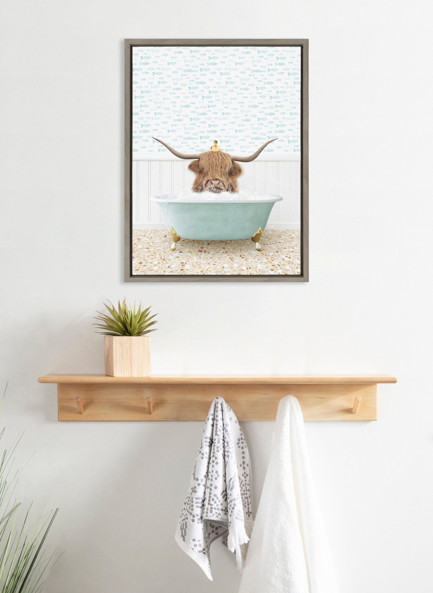 Sylvie Highland Cow and Duckling in Little Fish Bath Framed Canvas by Amy Peterson Art Studio