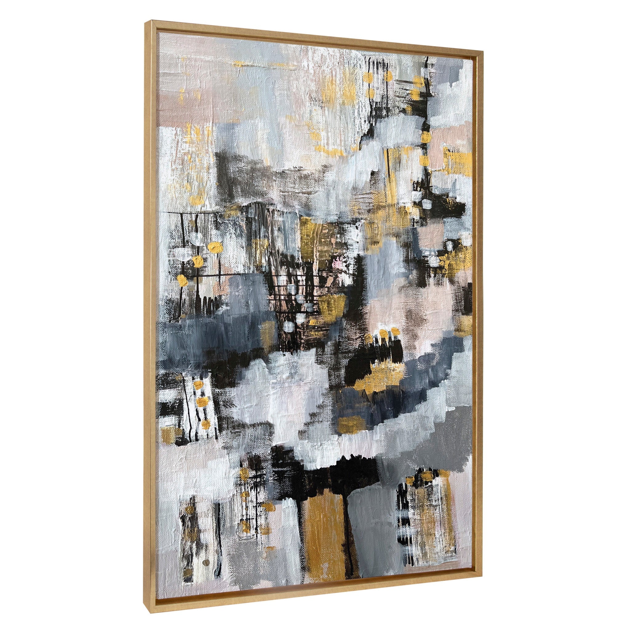 Sylvie The Industrial Revolution framed canvas art showing abstract metallic gold-hued shapes with bright gold polystyrene frame