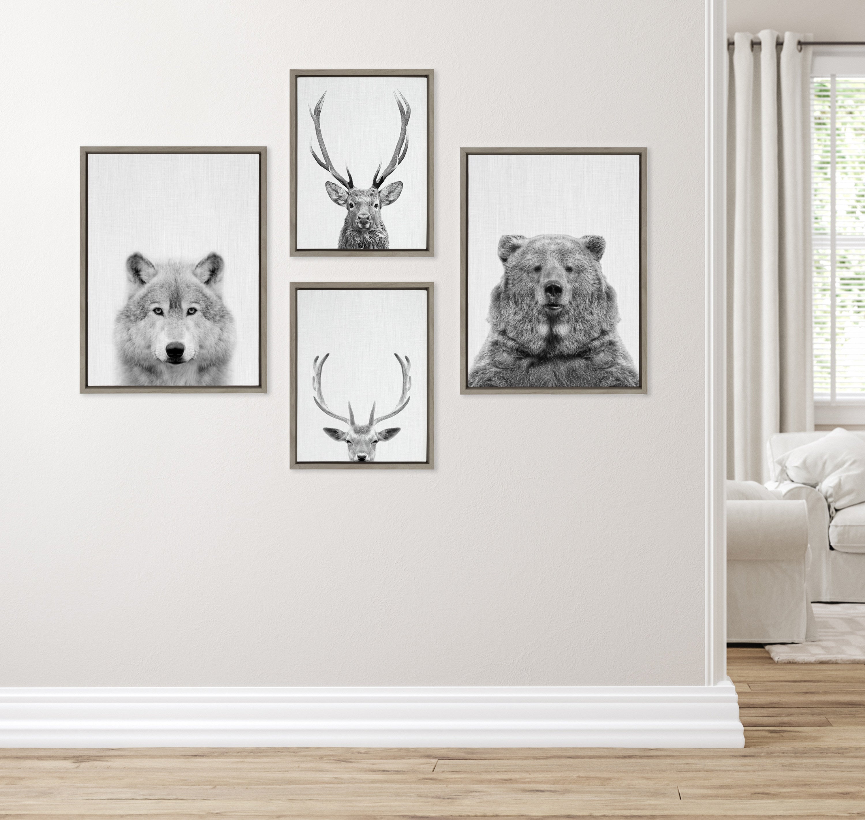 Sylvie Deer, Wolf, Bear European and Cervus Elaphus Black and White Framed Canvas Art Set
