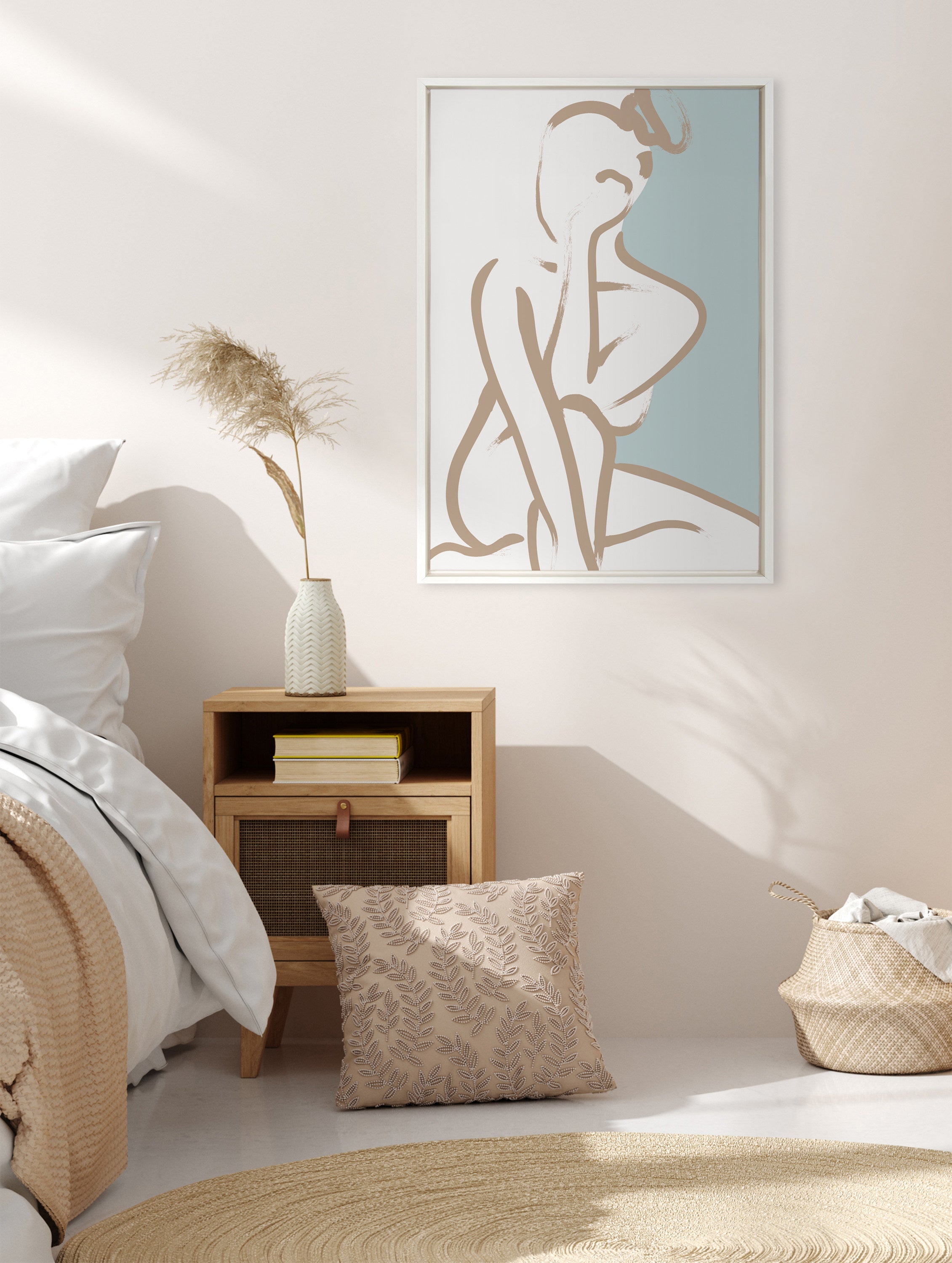 Sylvie Simple Romantic Line Art Drawing 1 Tan and Teal Framed Canvas by kateandlaurel - product image 10 for Resin Society