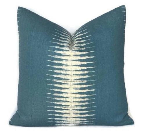 Ikat Pillow Cover in Peacock with Peter Dunham printed fabric front and tan linen fabric back