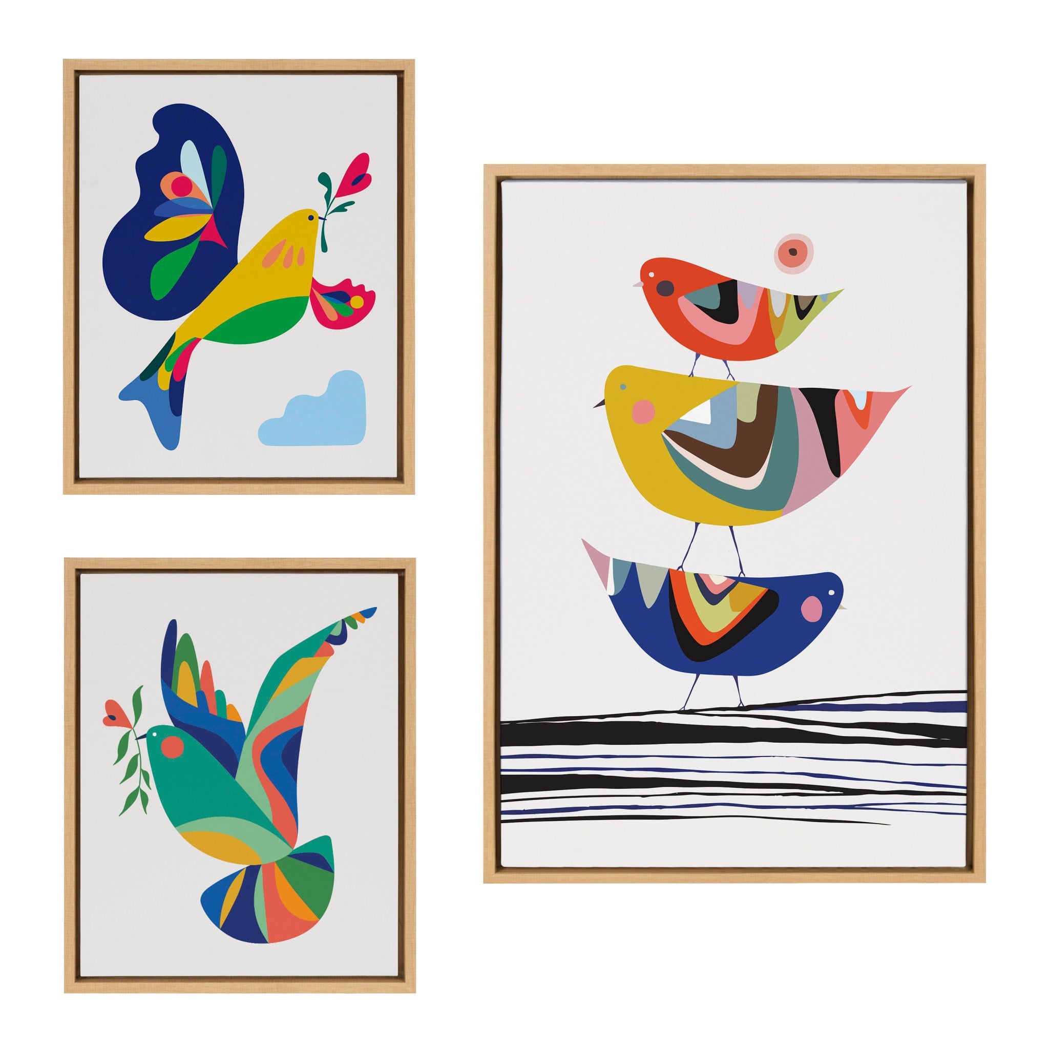Framed canvas art set featuring a family tree, bird of peace, and peace dove in a mid-century modern style