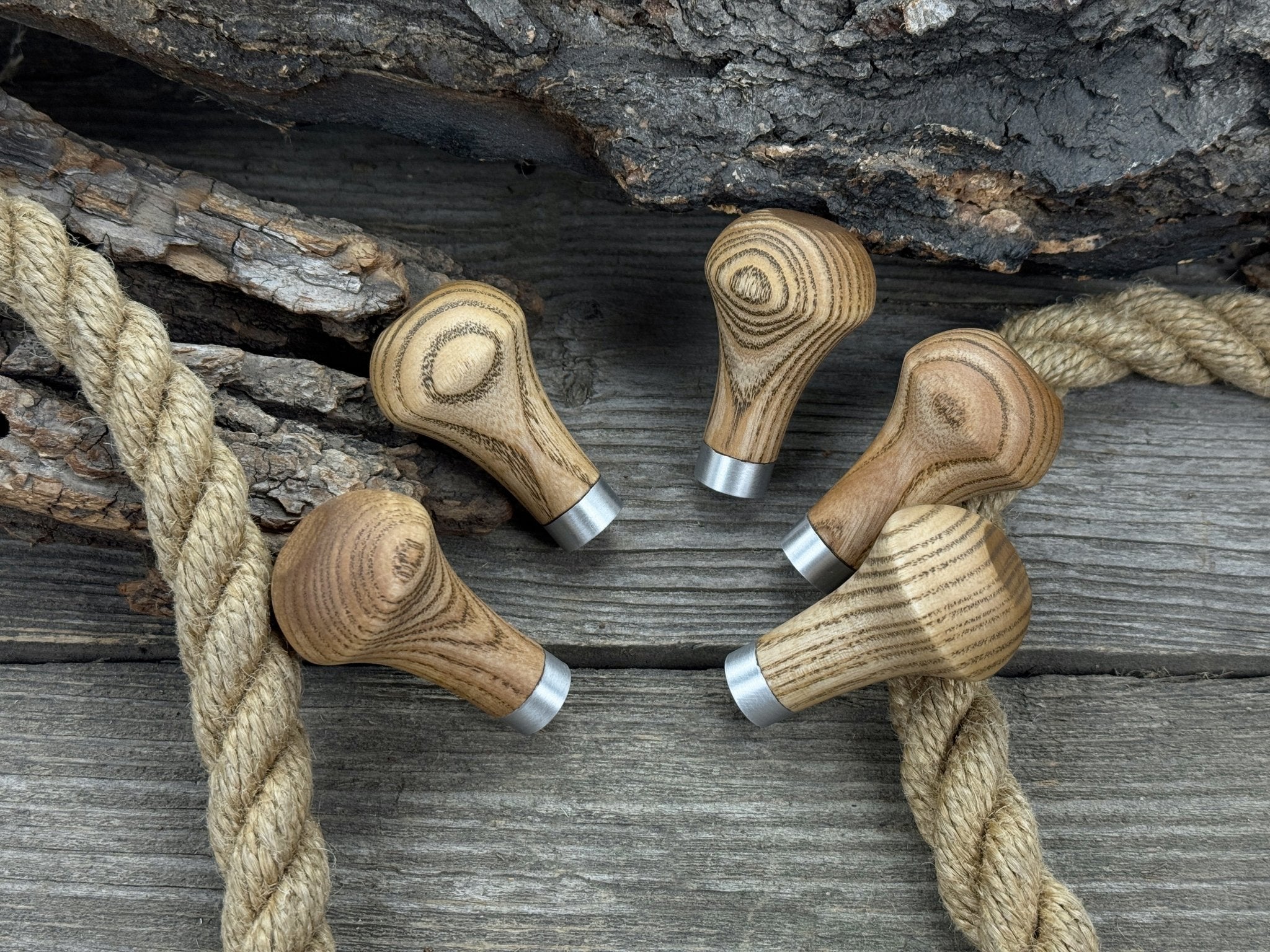 Set of 5 ergonomic palm grip handles for wood carving tools made from ash wood with aluminum rings