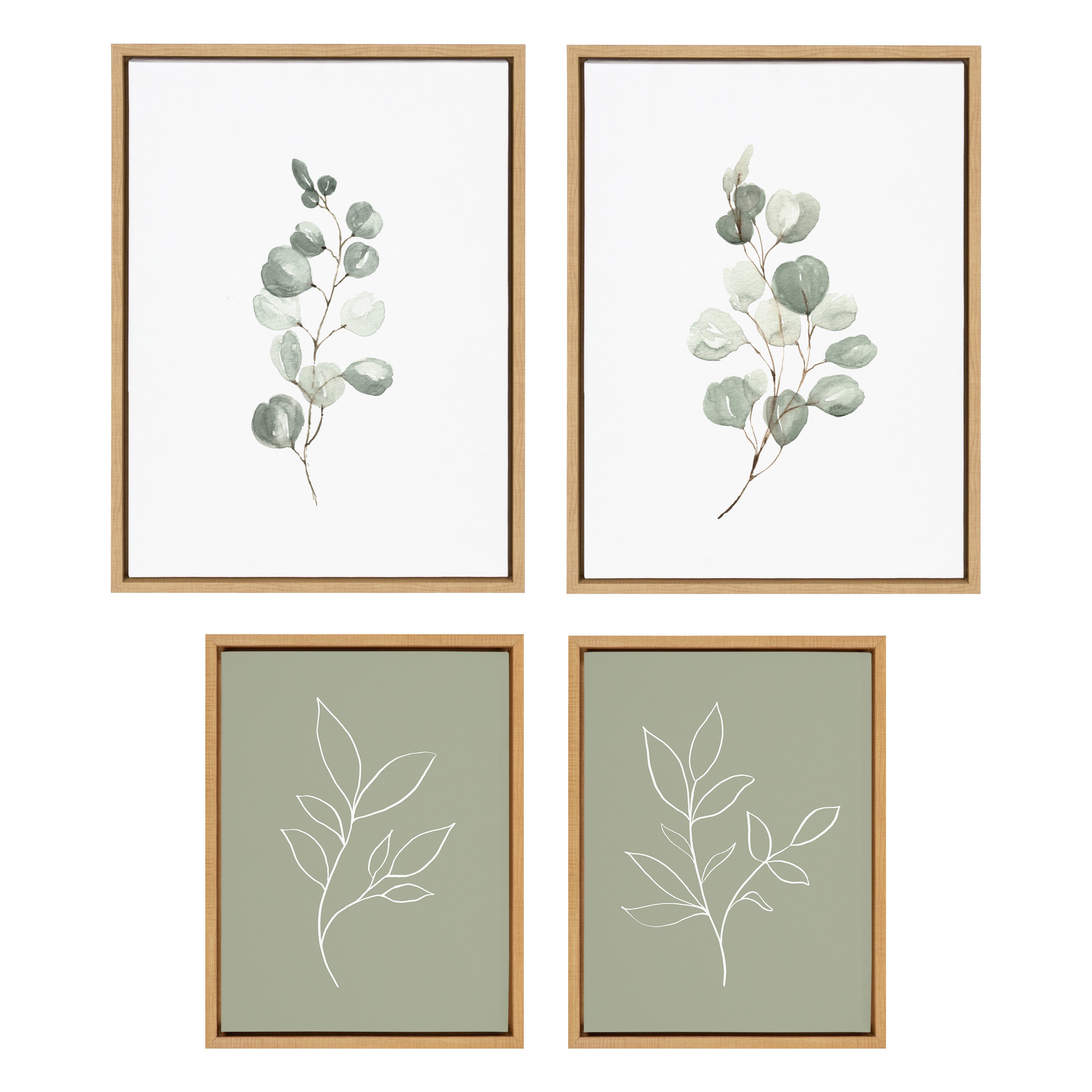 Sylvie Eucalyptus 4a, 4b & Modern Sage Green Botanical Line Sketch 4-Piece Canvas Art Set