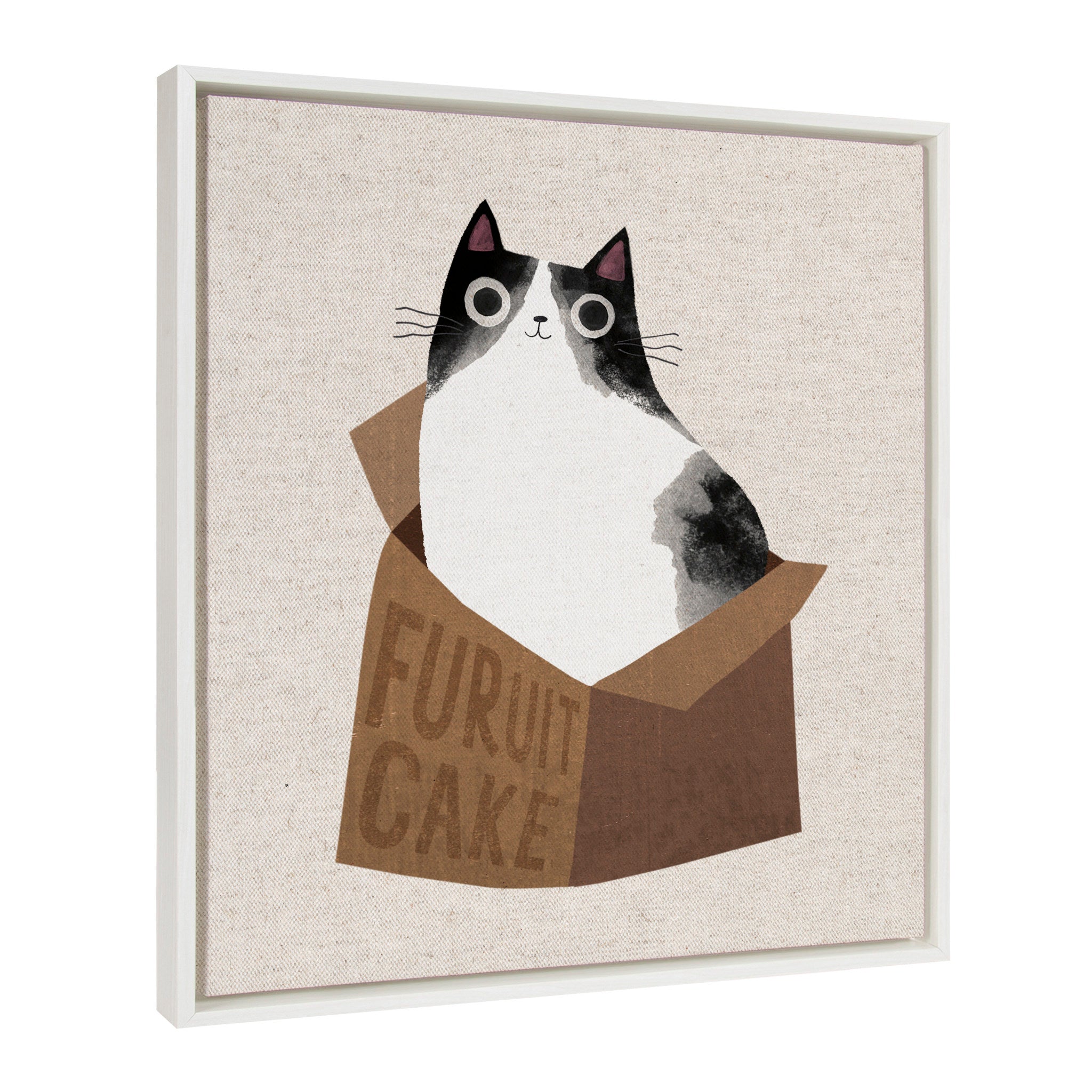 Sylvie Furuit Cake Framed Canvas showing a kitten nestled inside a box, floating polystyrene frame in white, 22x22 inches