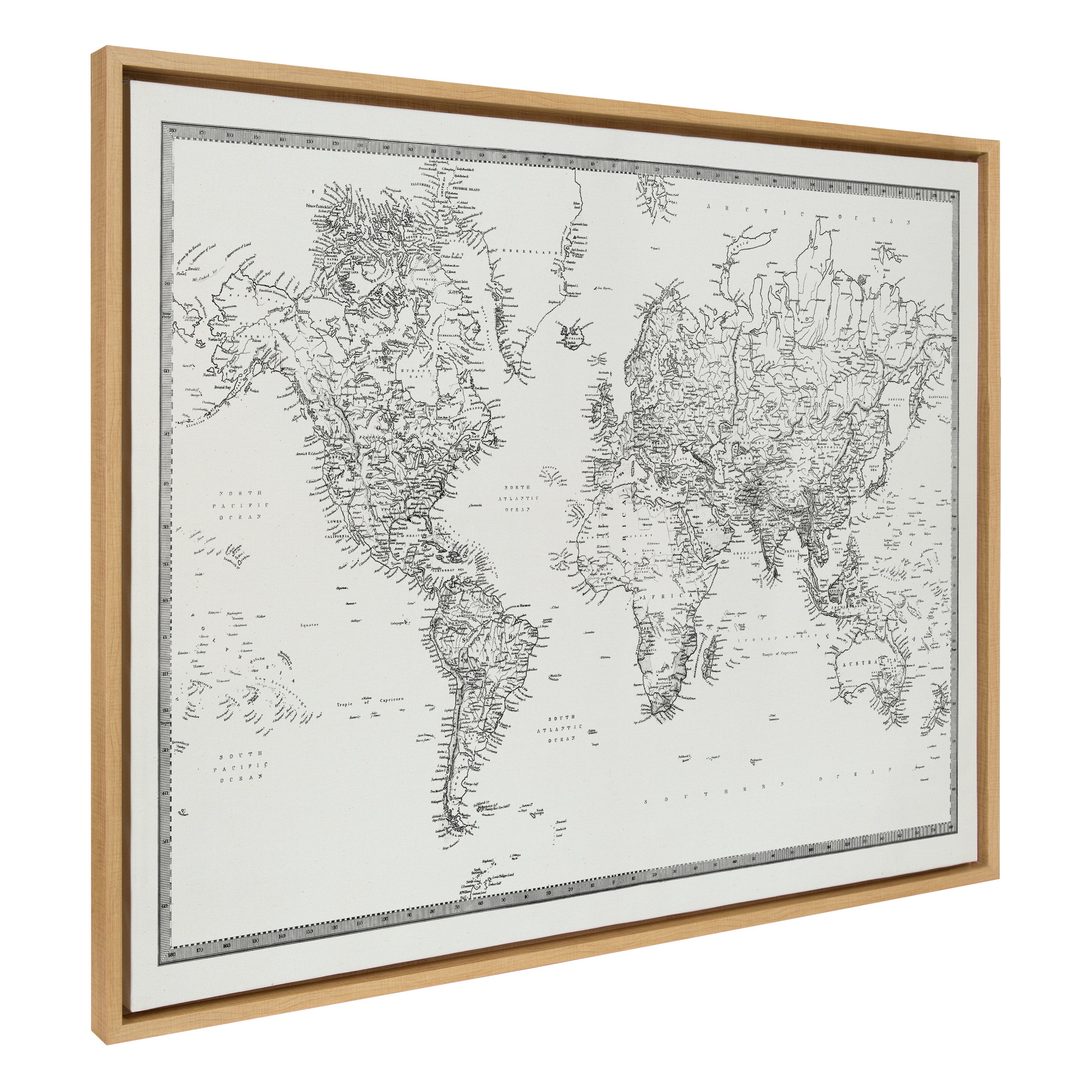 Sylvie Vintage Black and White World Map Framed Canvas by kateandlaurel - main product image for Resin Society