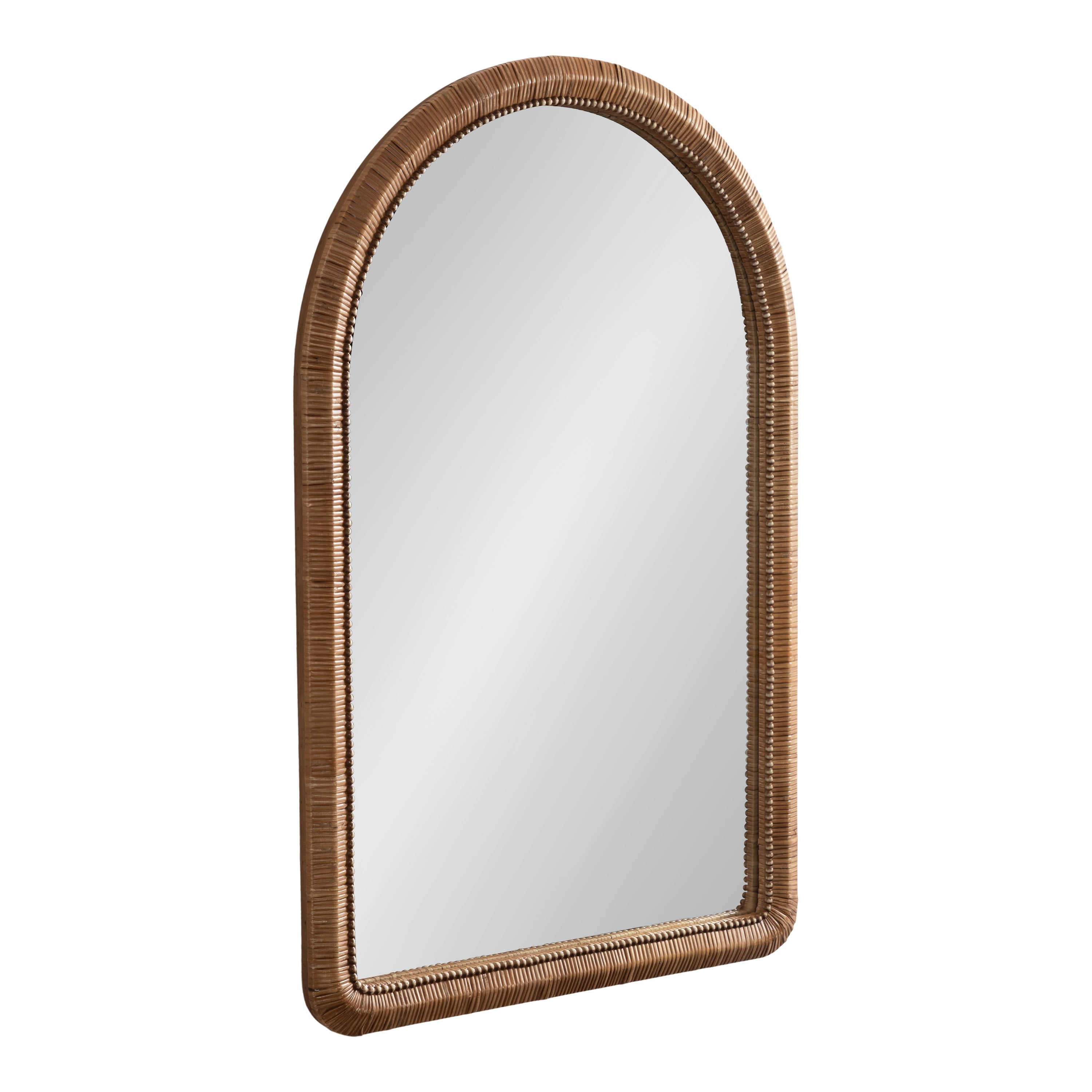 Rahfy Beaded Arch Framed Wall Mirror with textured rattan and beaded edge hanging on a white wall