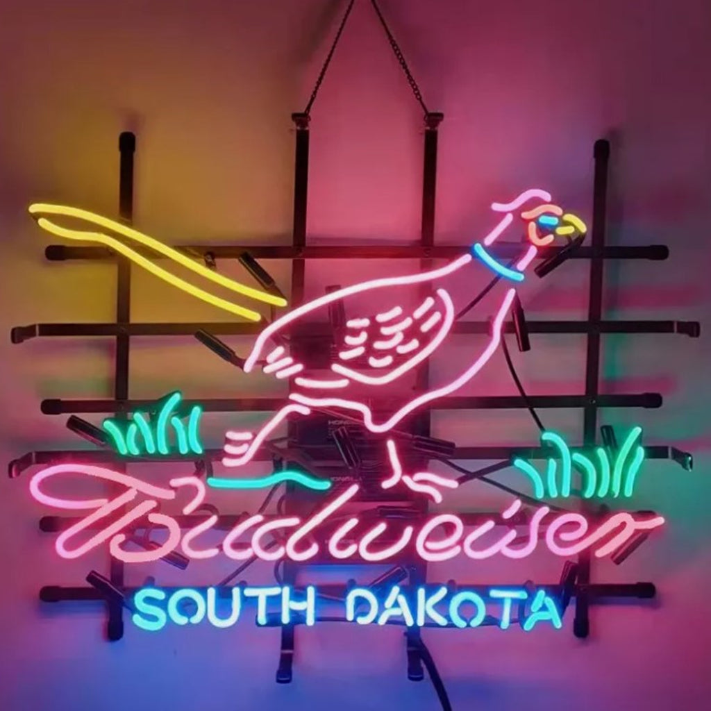 Pink Pheasant Hunter with Budweiser South Dakota Neon Signs Light illuminated on metal grid backing