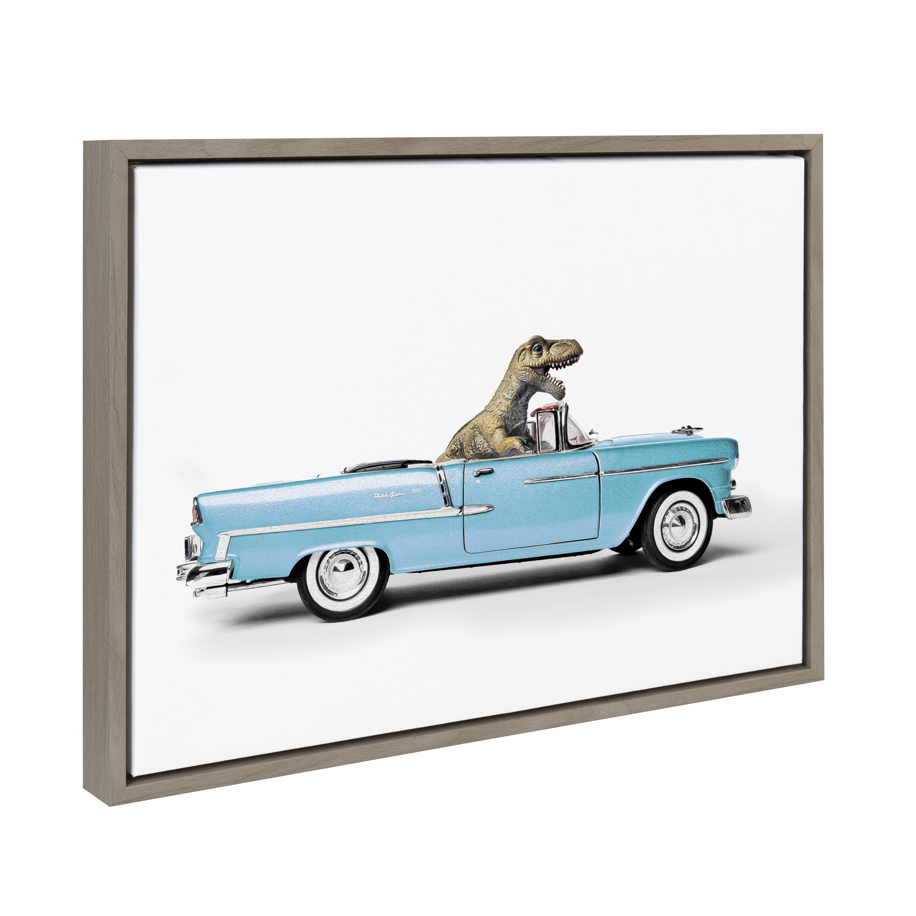 Sylvie Dino Driving 1958 Blue Corvette framed canvas art with a dinosaur driving a blue Corvette car