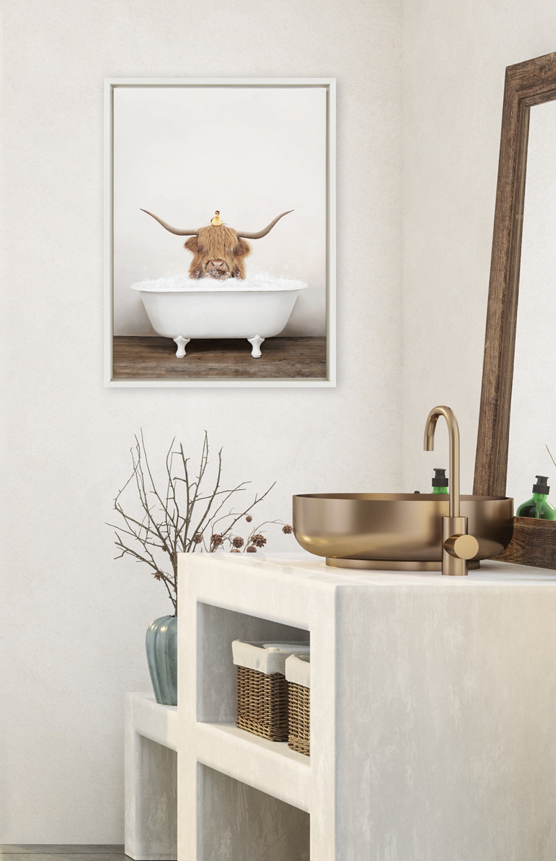 Sylvie Highland Cow and Duckling in Rustic Bath Framed Canvas by kateandlaurel - product image 4 for Resin Society