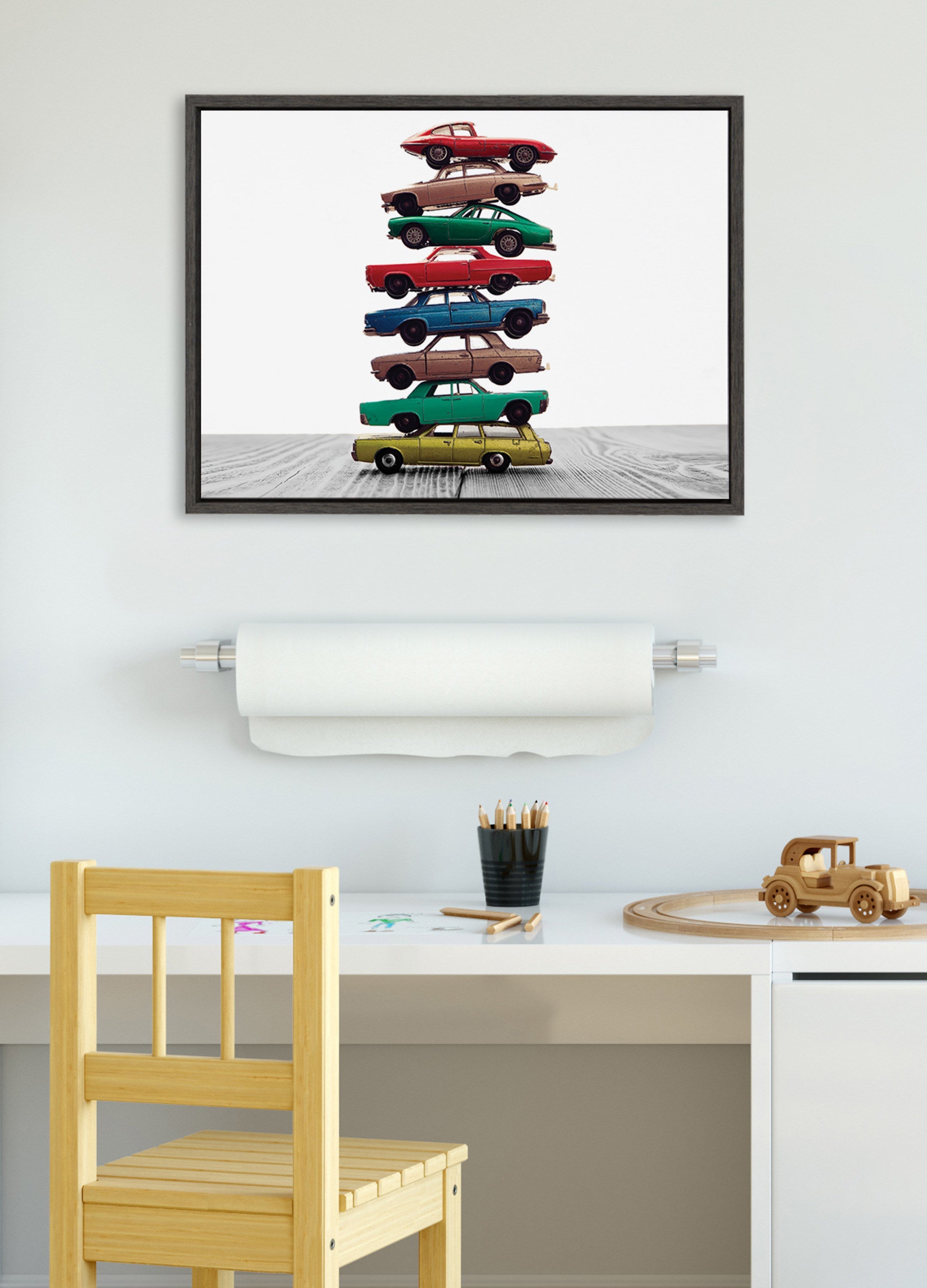 Sylvie Stacked Cars Framed Canvas by Saint and Sailor Studios