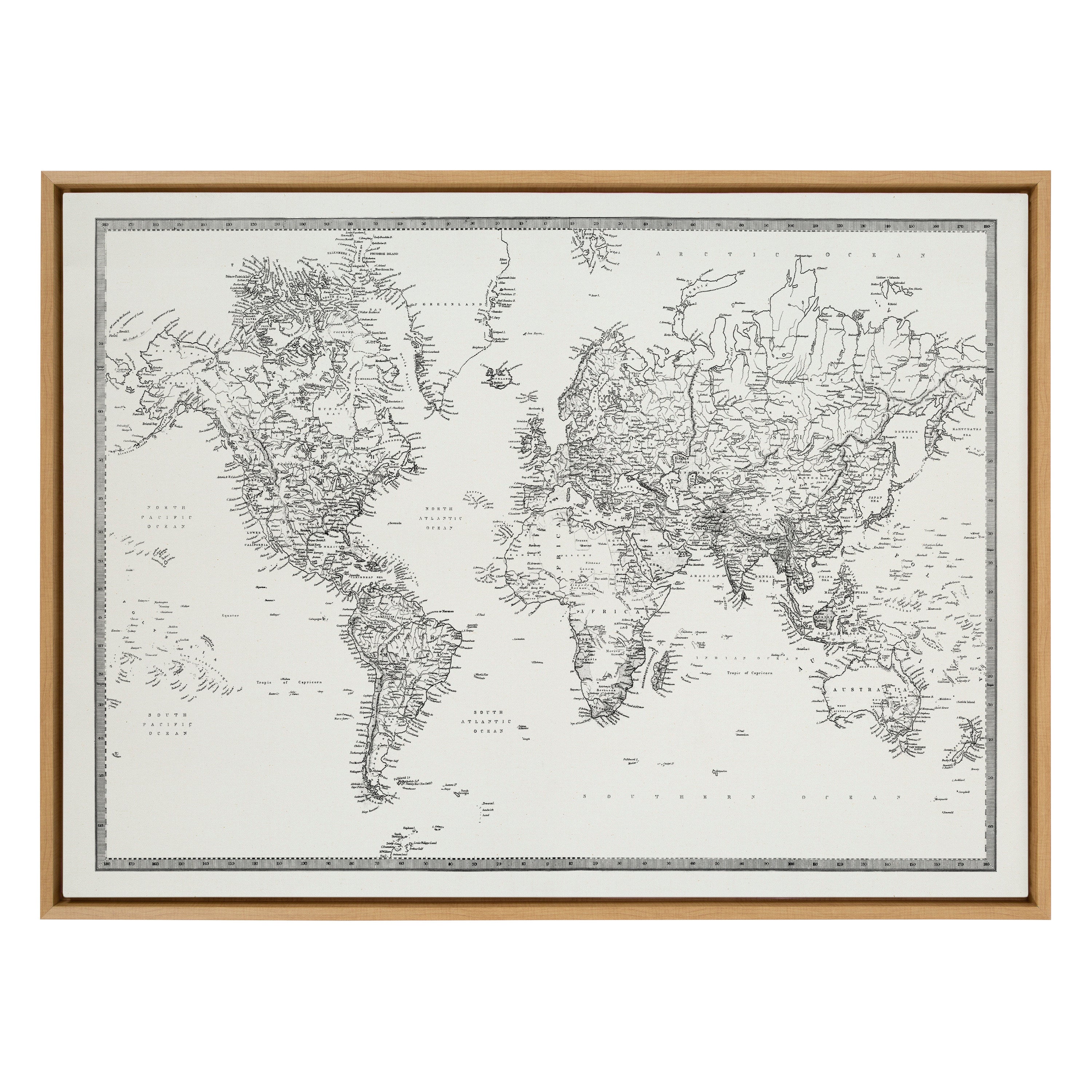 Sylvie Vintage Black and White World Map Framed Canvas by The Creative by kateandlaurel - product image 2 for Resin Society