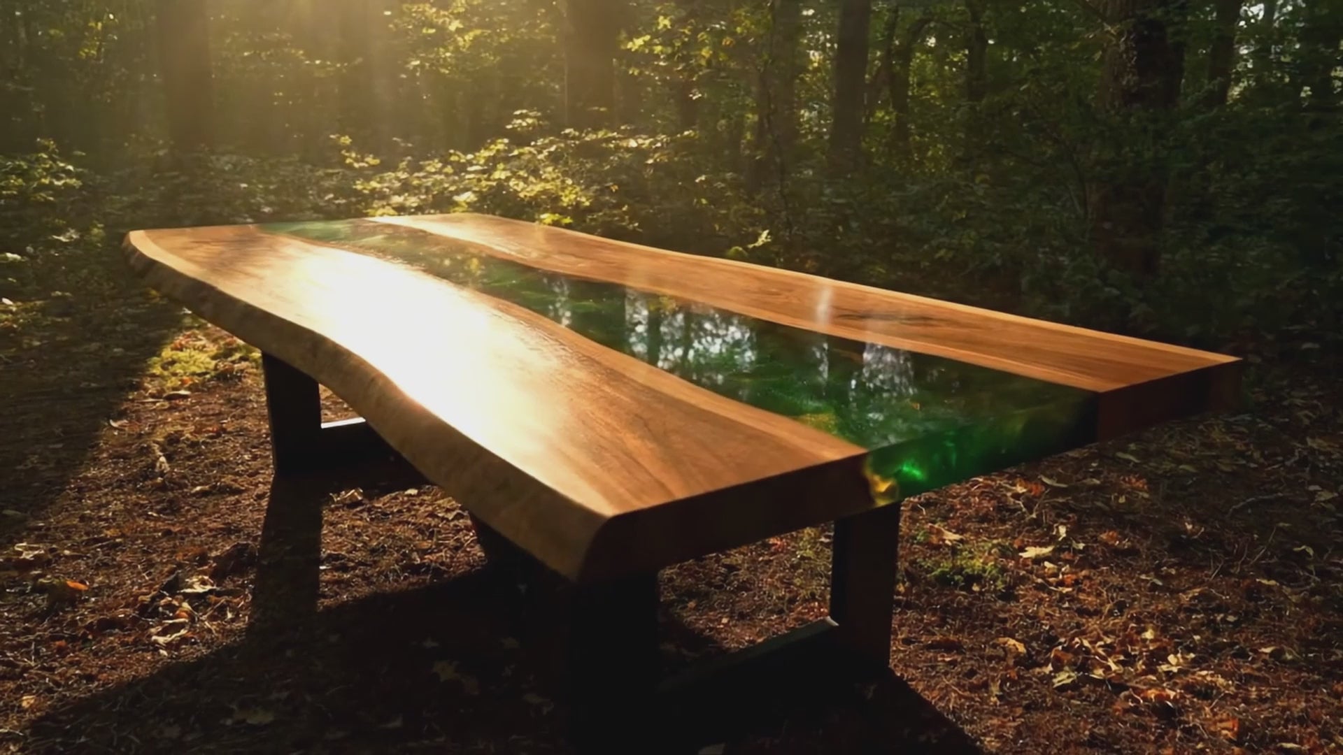 Load video: A luxury walnut wood dining table with deep epoxy resin river detail. The camera slowly pans across the tabletop, highlighting the smooth resin finish, natural grain patterns, and handcrafted design. Light reflections dance on the surface, showcasing the elegance and craftsmanship of the custom dining table