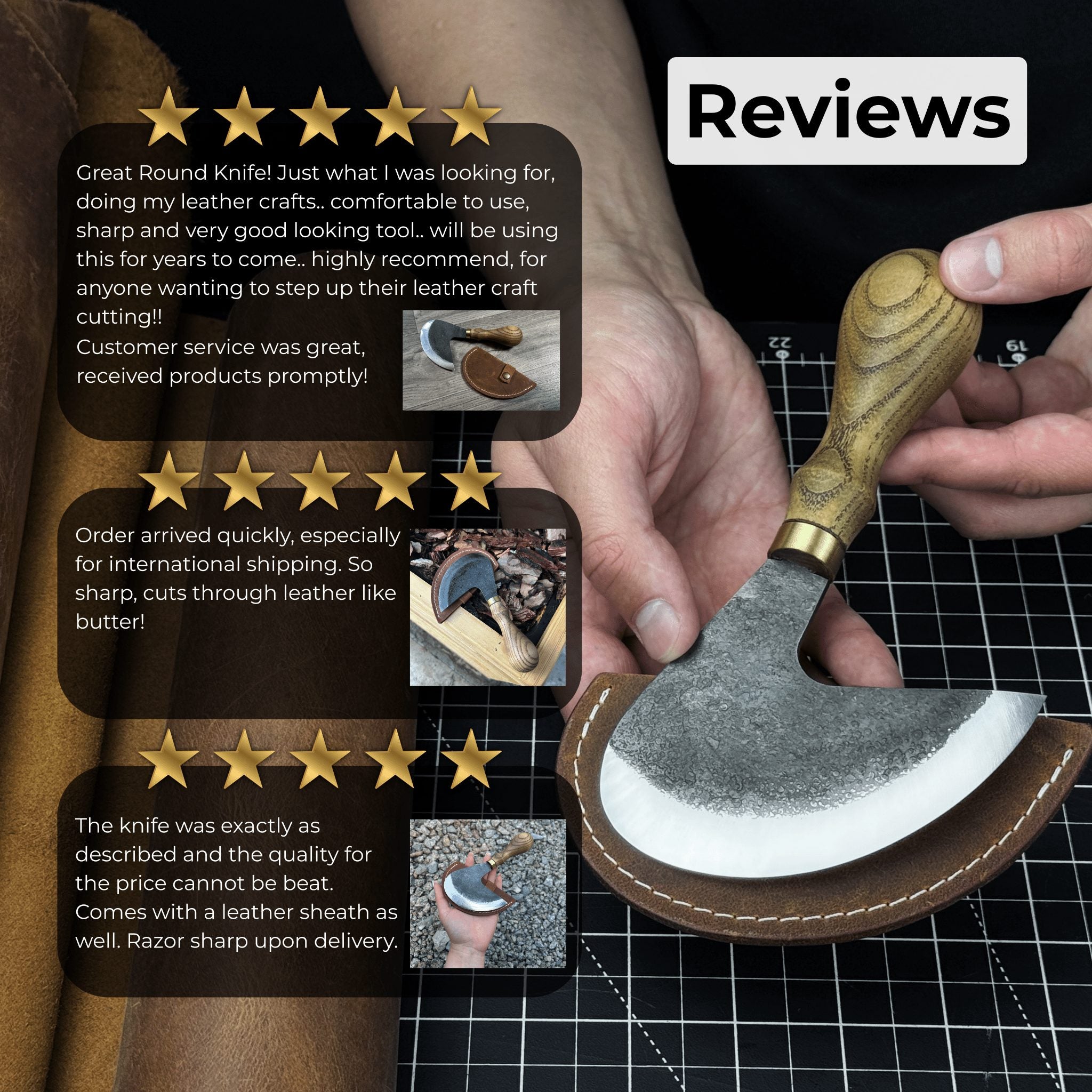 Professional leather crafting half round knife with ash wood handle and carbon steel blade
