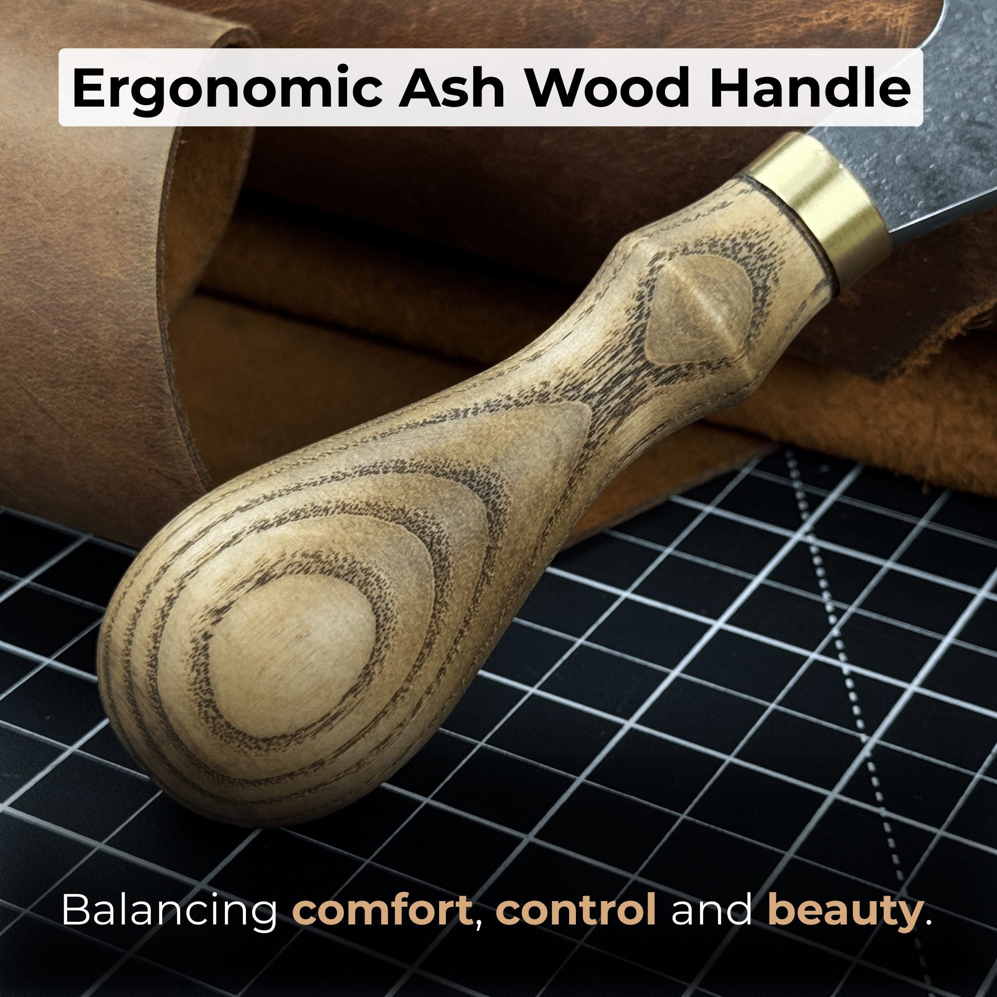 Professional leather crafting half round knife with ash wood handle and carbon steel blade