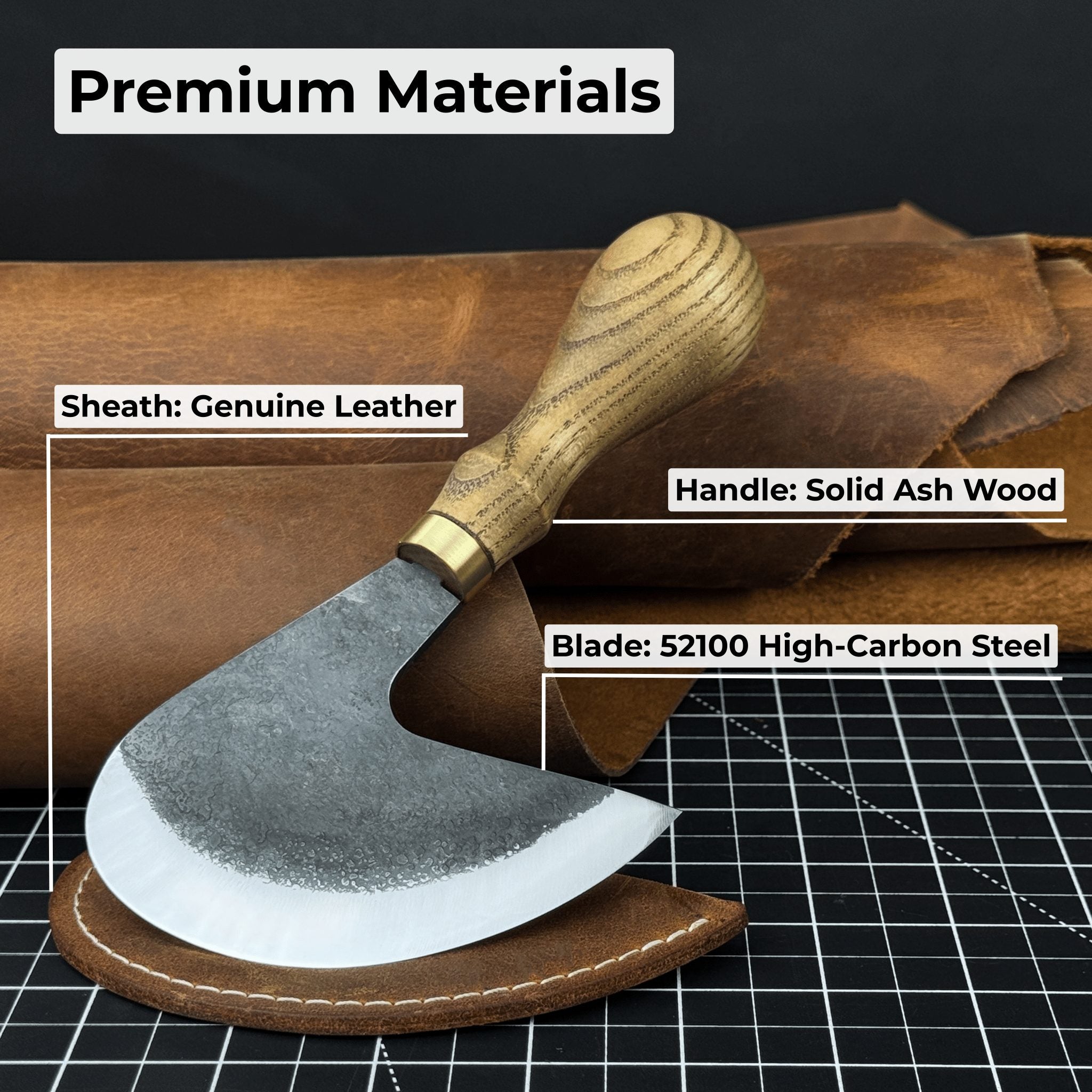 Professional leather crafting half round knife with ash wood handle and carbon steel blade