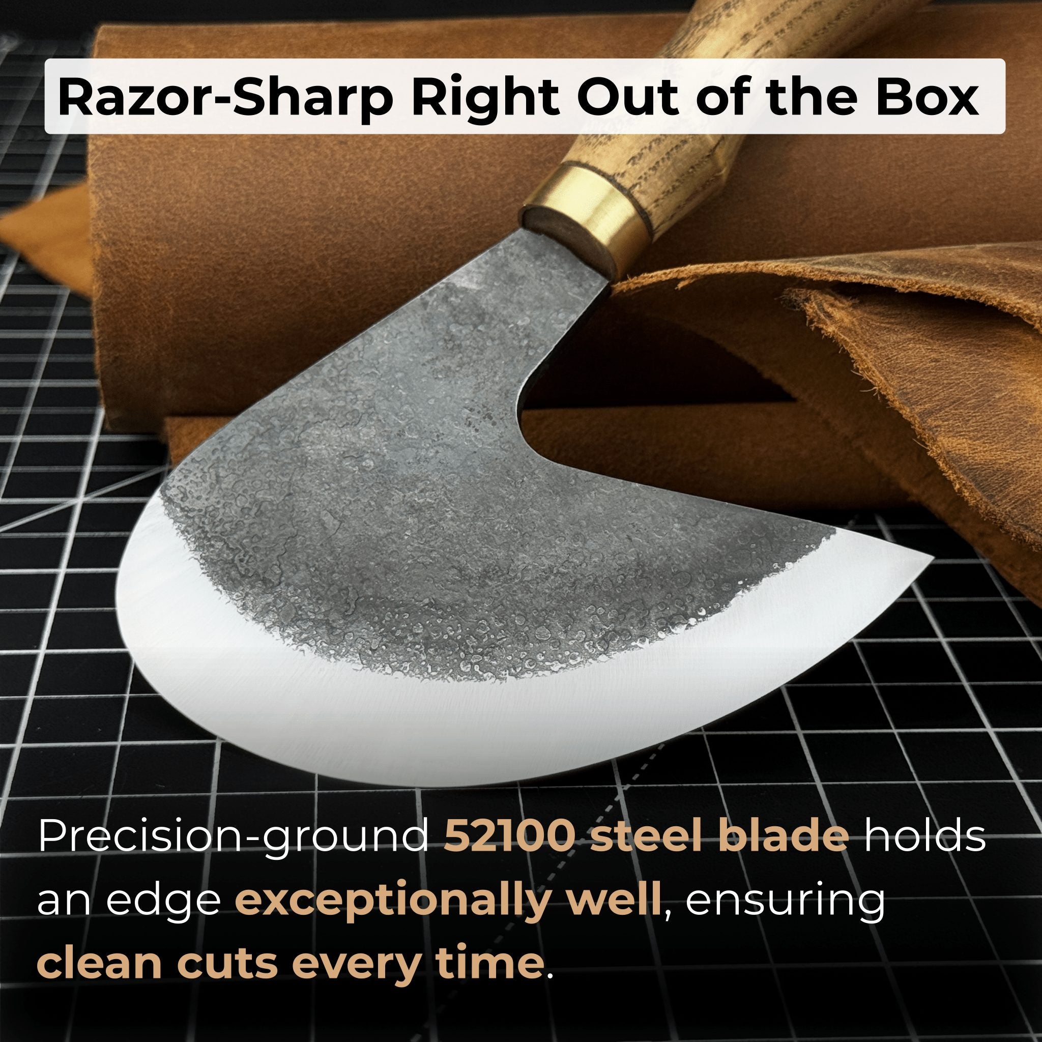 Professional leather crafting half round knife with ash wood handle and carbon steel blade