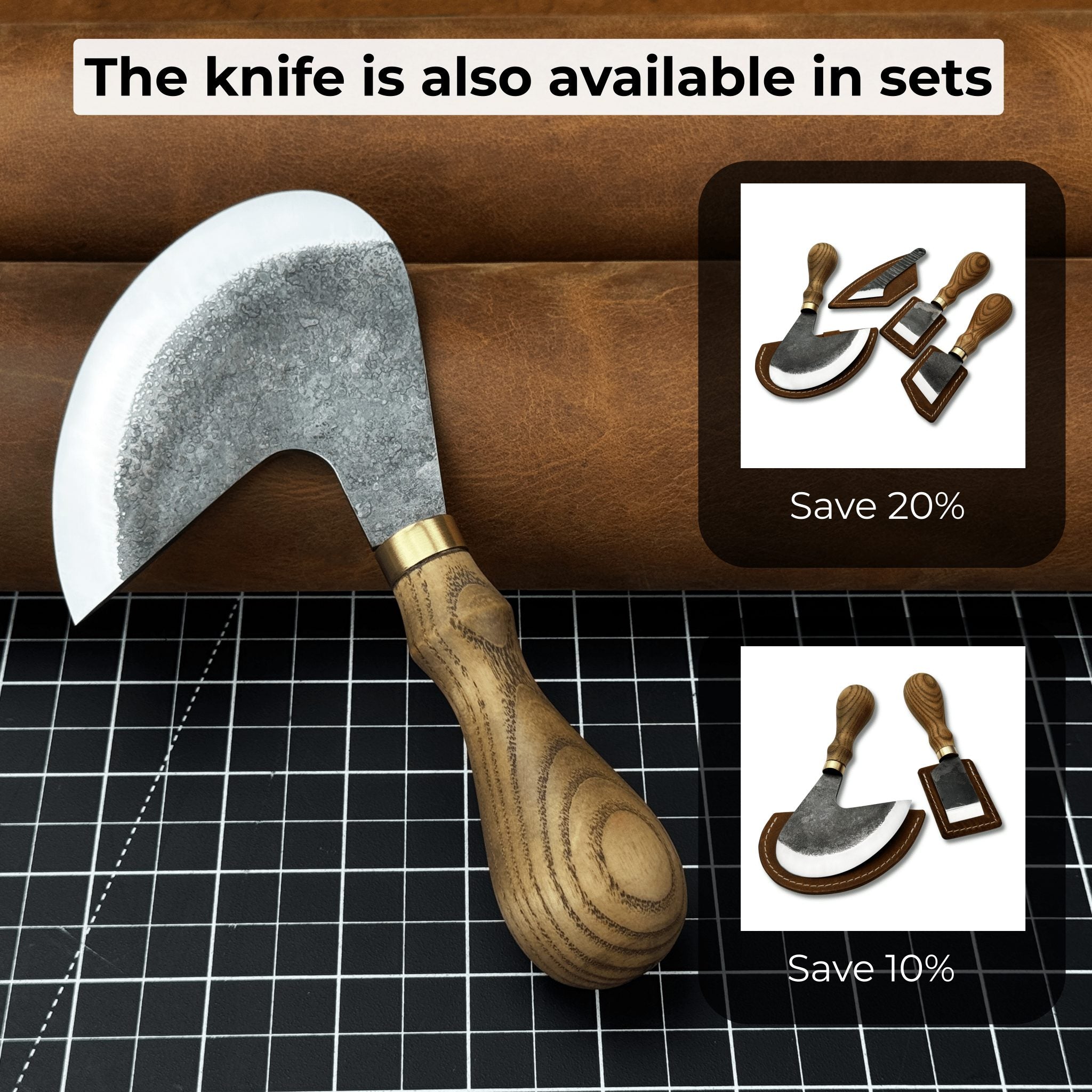 Professional leather crafting half round knife with ash wood handle and carbon steel blade