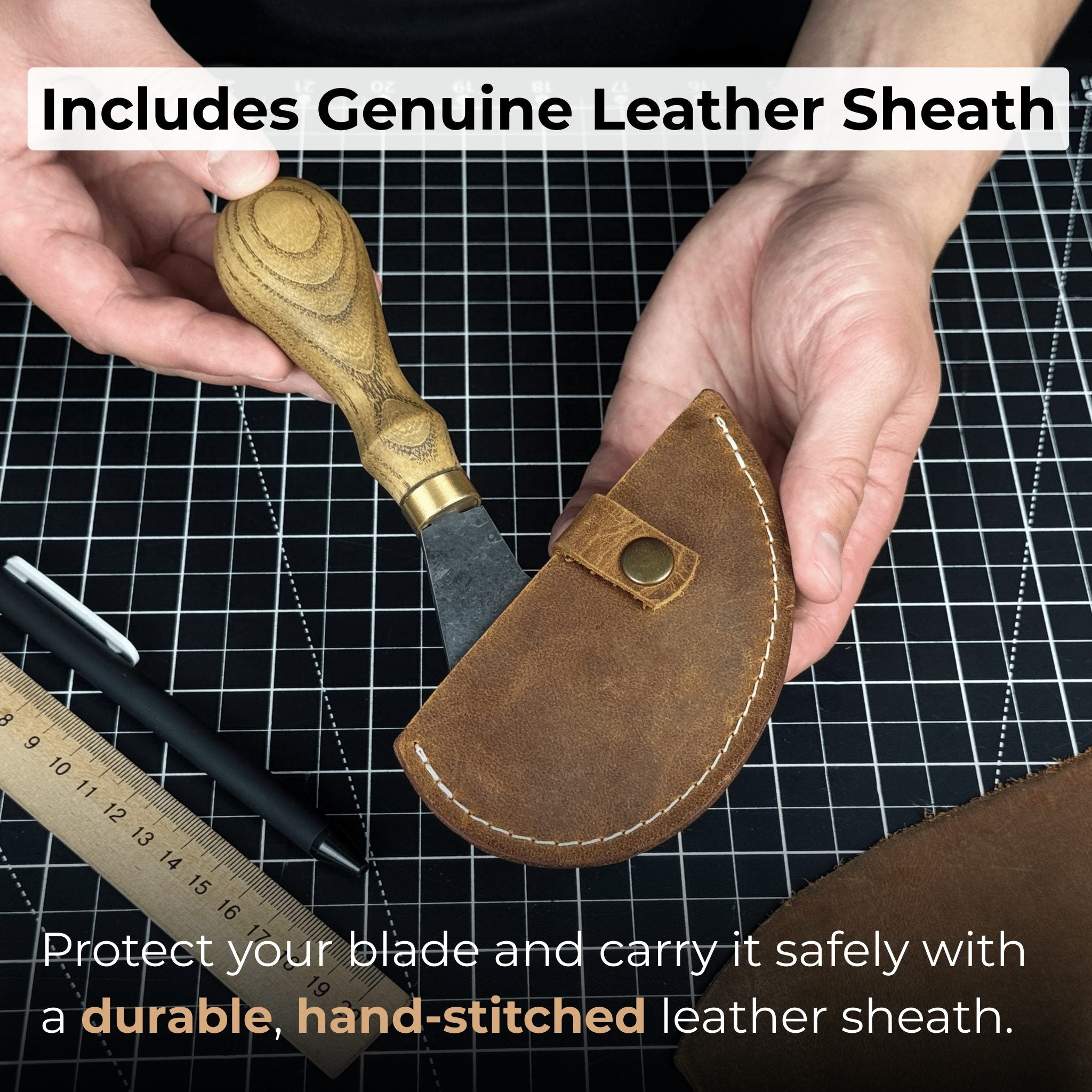 Professional leather crafting half round knife with ash wood handle and carbon steel blade