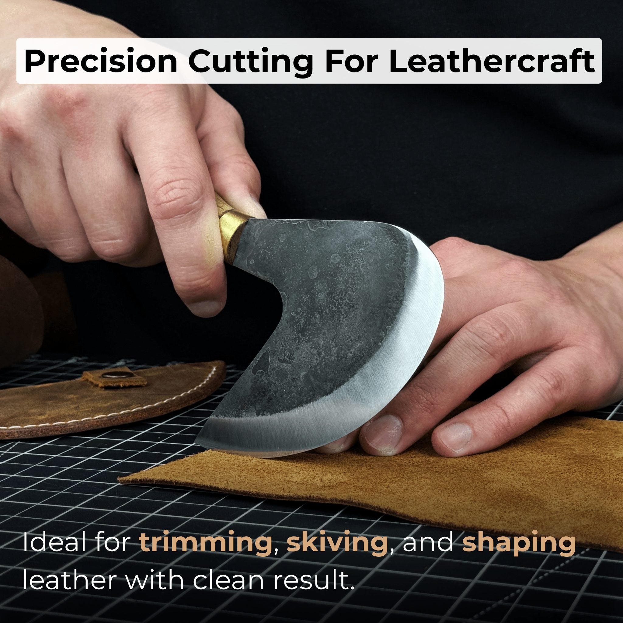 Professional leather crafting half round knife with ash wood handle and carbon steel blade