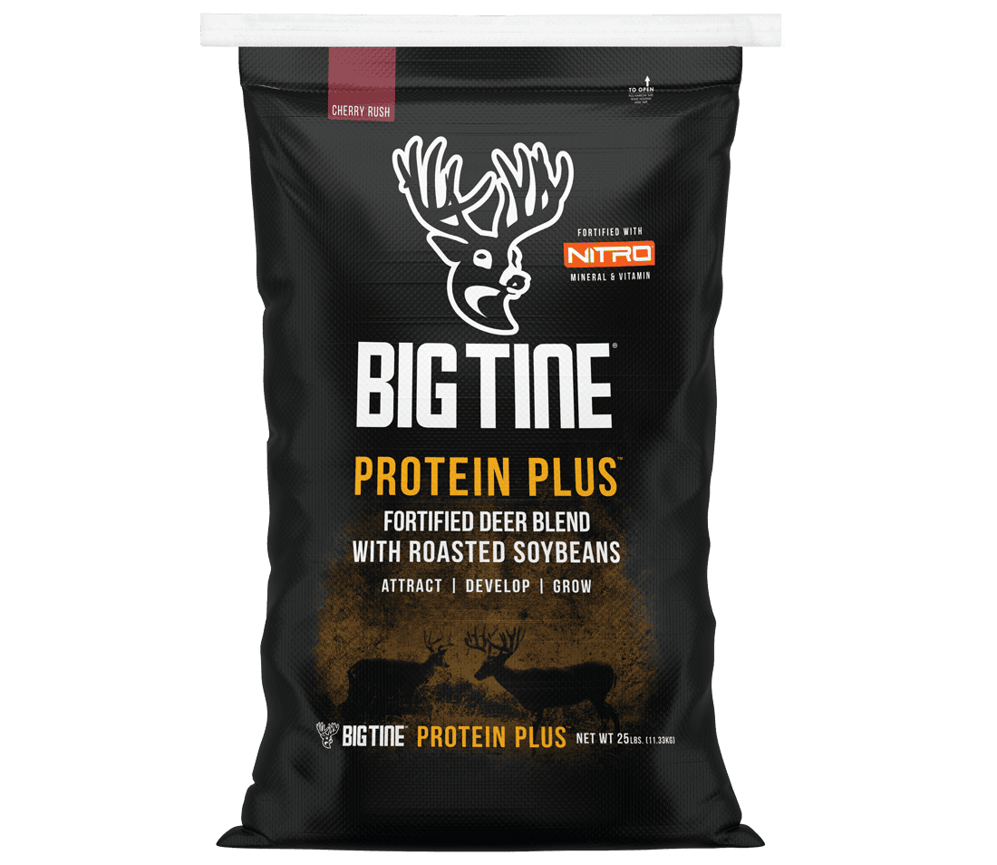 Big Tine Protein Plus Deer Blend bag with Cherry Rush branding and deer images