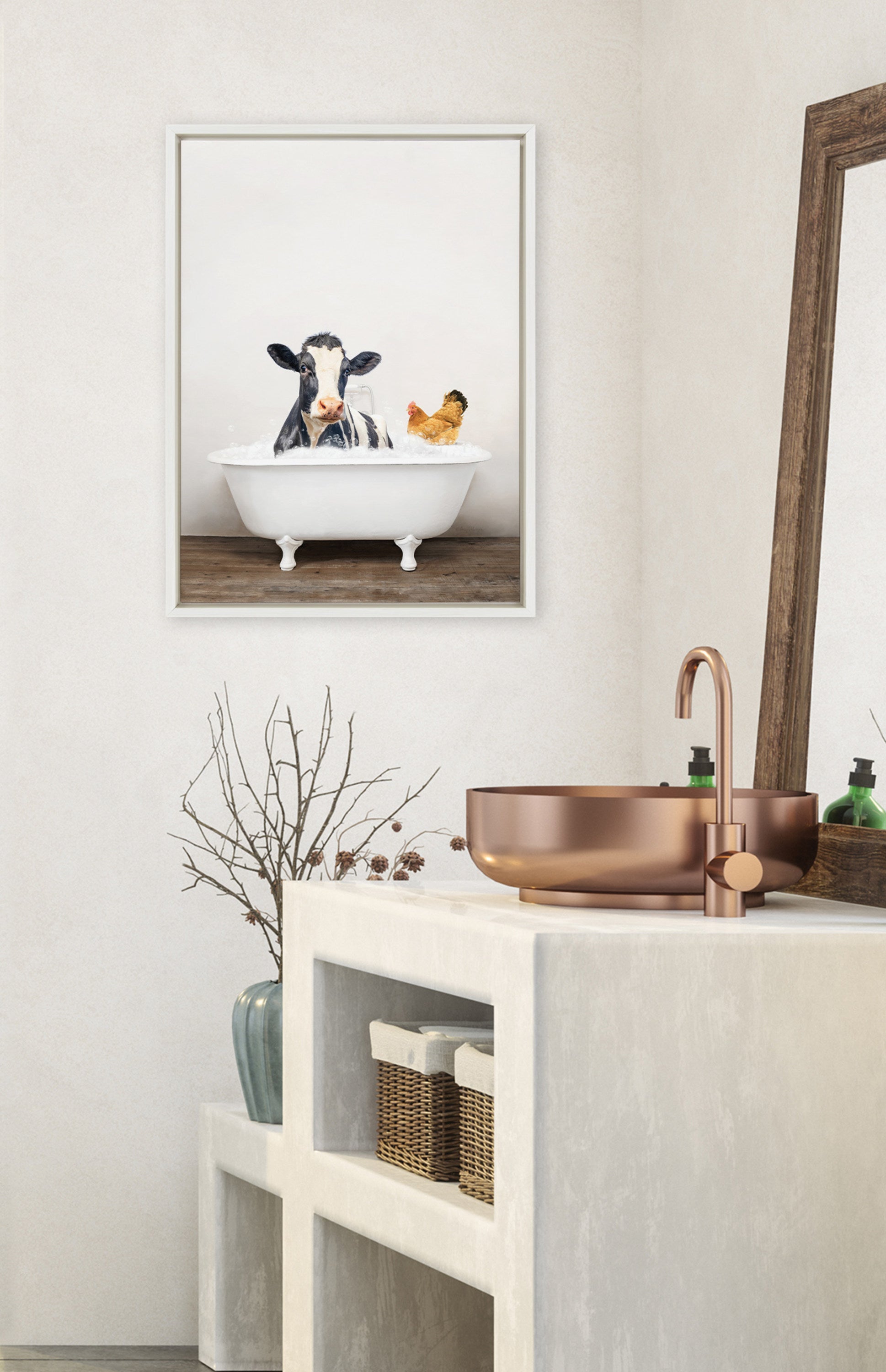 Sylvie Cow and Chicken in Rustic Bath Framed Canvas by kateandlaurel - product image 4 for Resin Society