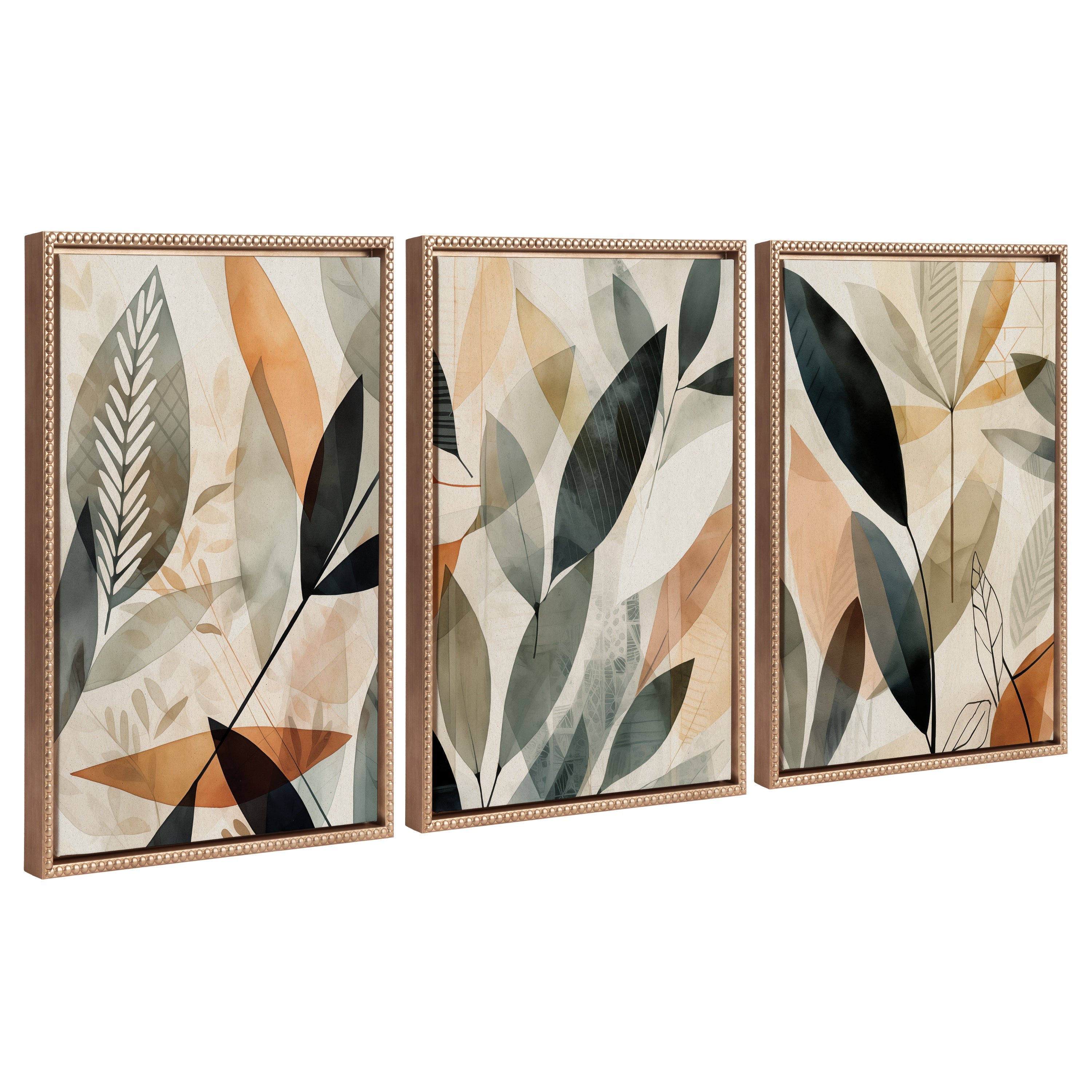 Sylvie Abstract Blue and Gray Earth Tone Botanical Framed Canvas Art Set showing three canvas pieces with abstract leaf designs in soft earth tones.