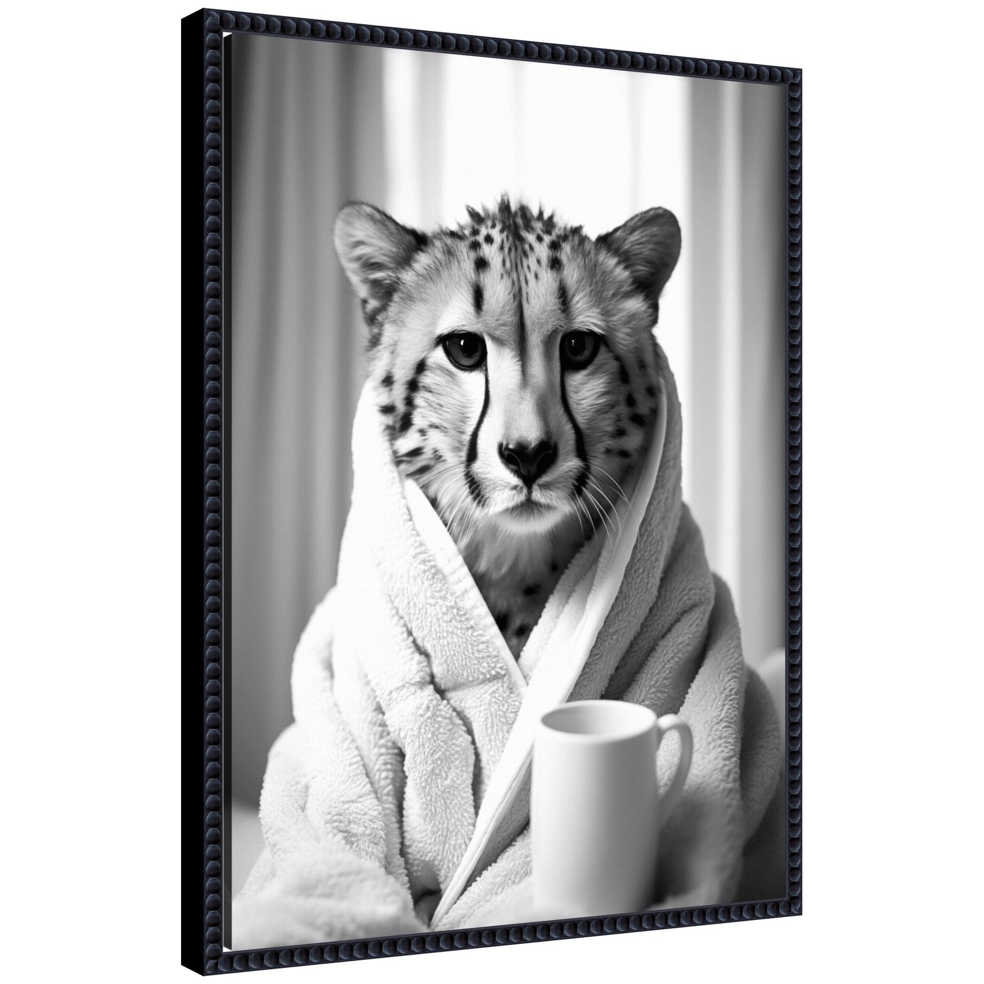 Black and white framed canvas art showing a stylized cheetah design titled ‘Sylvie Cheetah Bathroom Art Towel Robe’