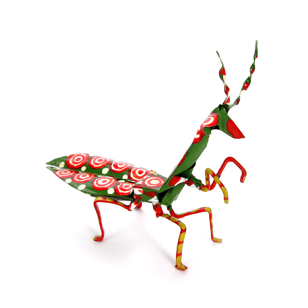 Tiny Tin Praying Mantis painted metal sculpture shown against white background