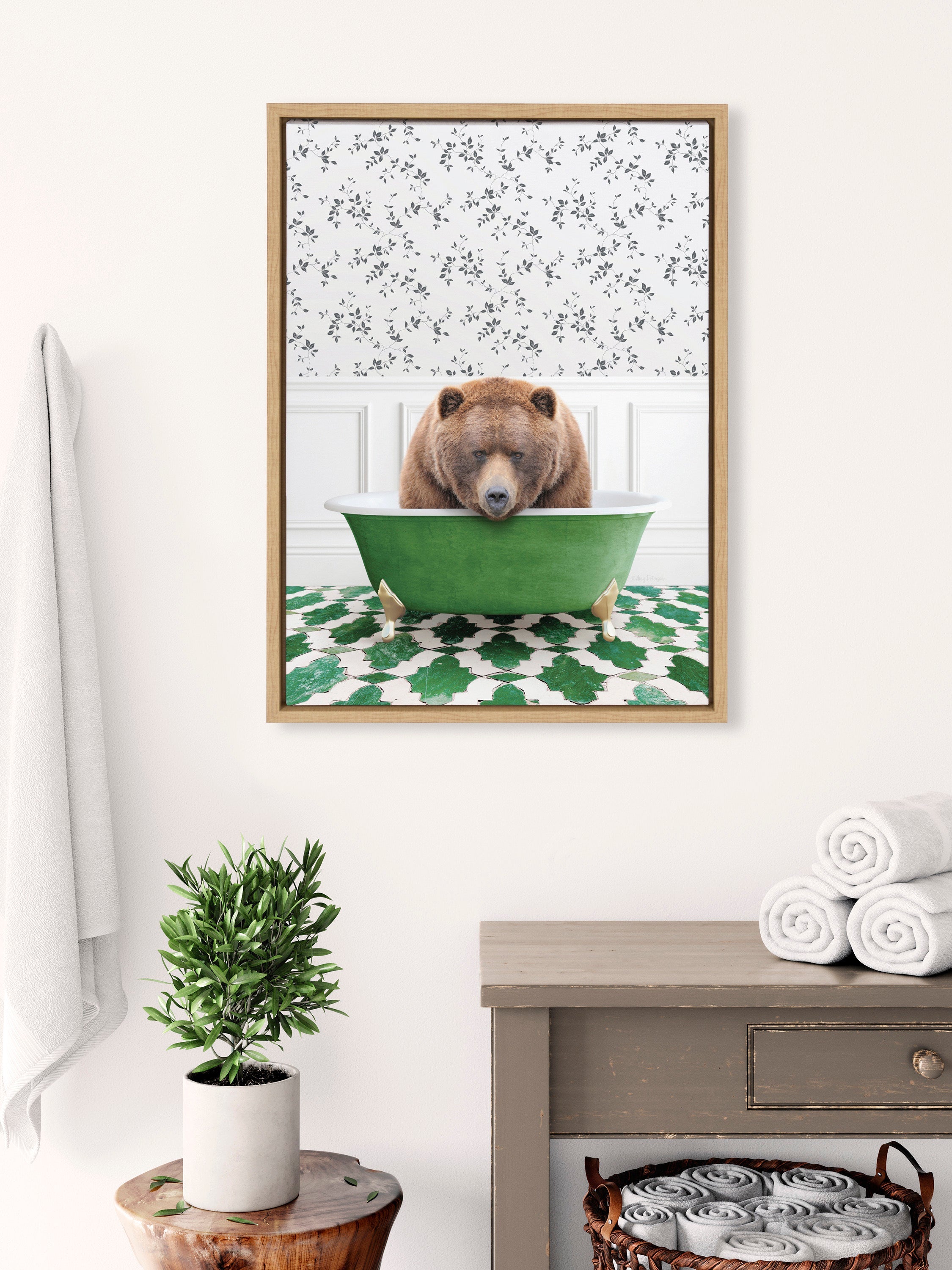 Sylvie Big Bear In Eclectic Green Bath Framed Canvas by kateandlaurel - product image 4 for Resin Society