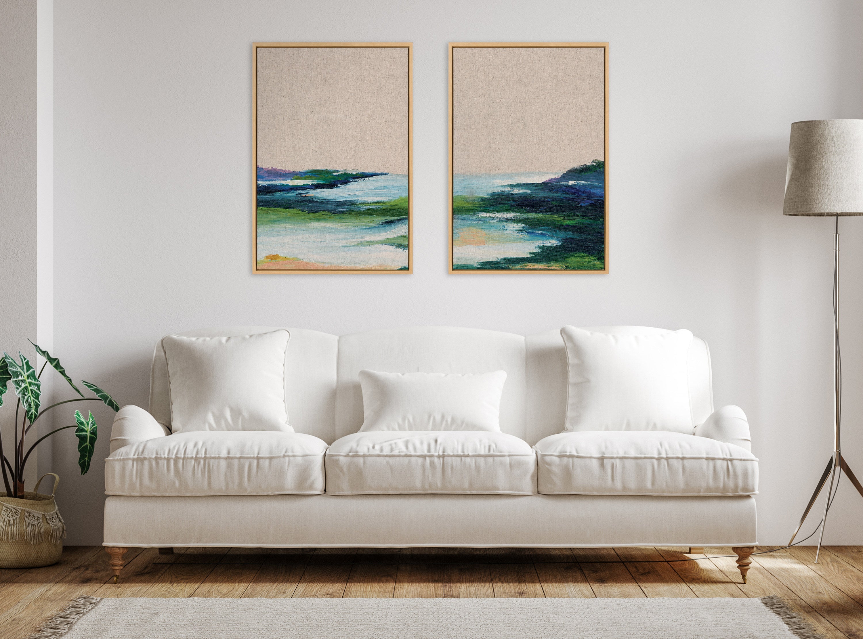 Sylvie Lake Huron I and II Neutral Linen Framed Canvas Art Set by Nikita Jariwala