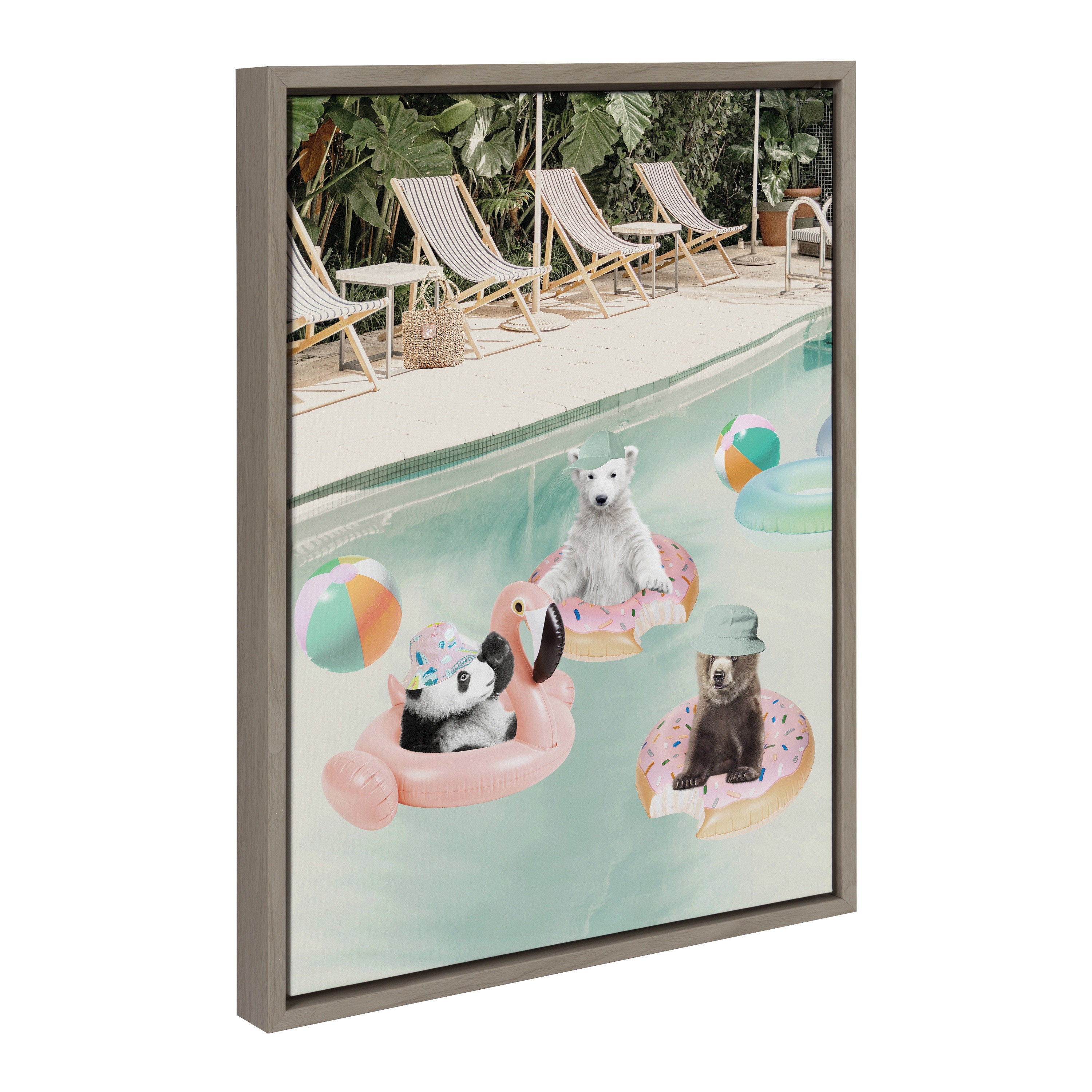 Sylvie Pool Party framed canvas showing animals at a poolside party